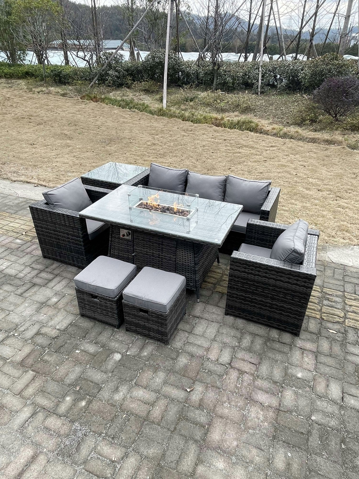 Fimous Dark/Grey Outdoor Pe Rattan Garden Furniture Gas Fire Pit Dining Table Armchairs With High Side Coffee Table 2 Stools Mixed