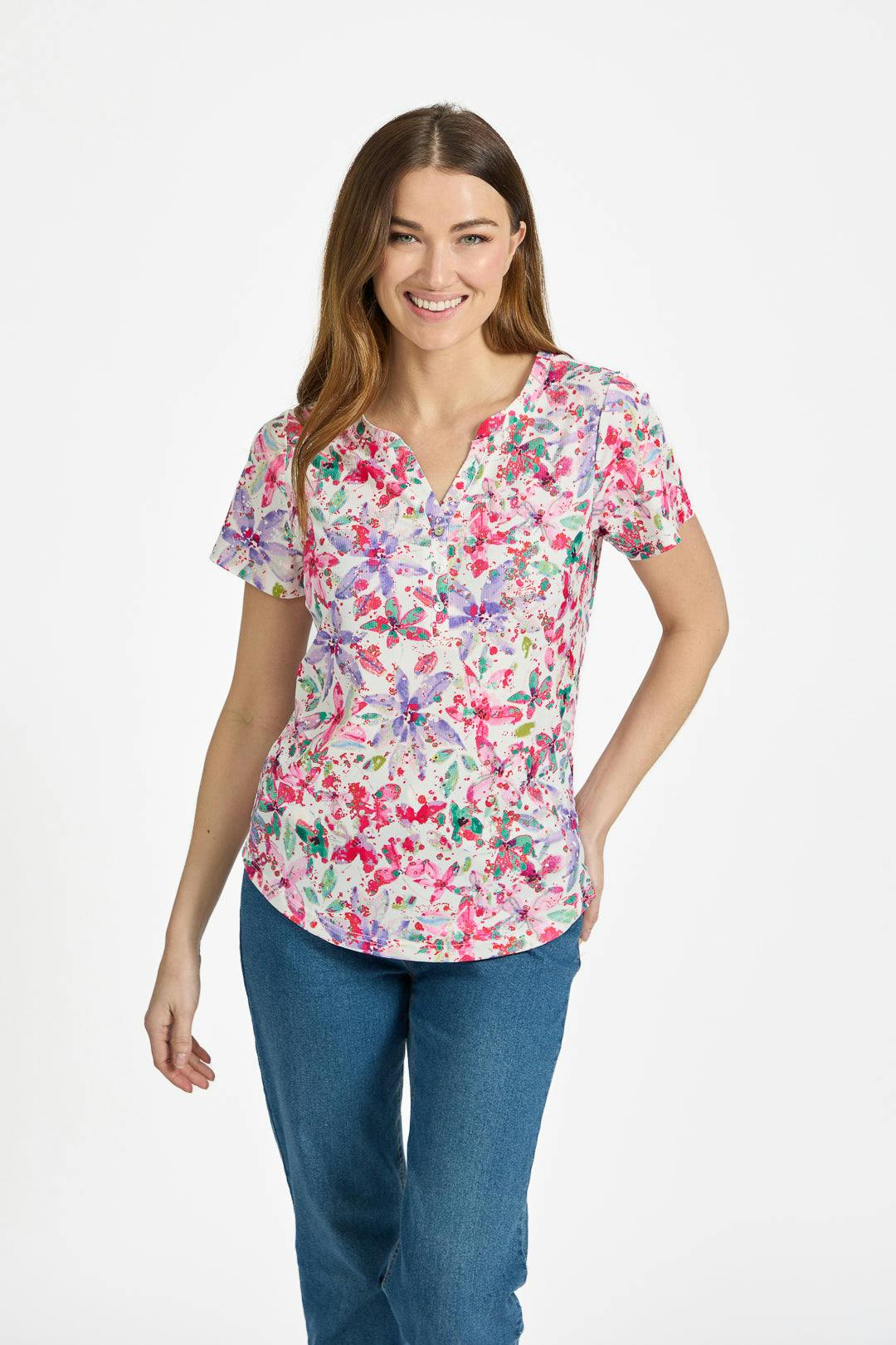 MUDFLOWER Women’s Floral V-Neck Button Top – Lightweight Casual Summer Blouse, Soft Everyday Top, Summer Tops, Womens Tops - Image 2