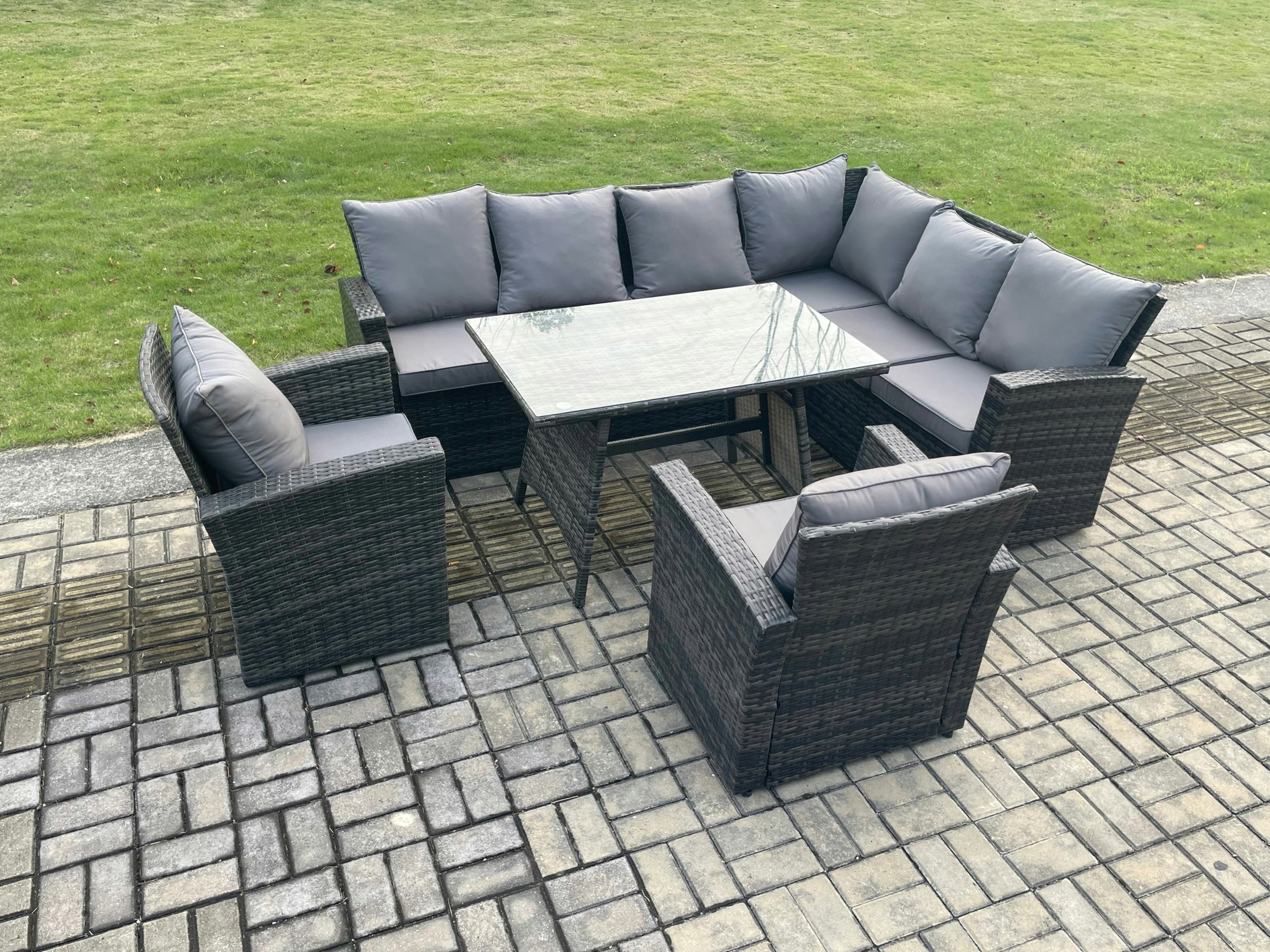 Rackhams Dark/Grey High Back Outdoor Garden Furniture Set Rattan Corner Sofa Dining Table Set With 2 Armchairs 8 Seater Mixed