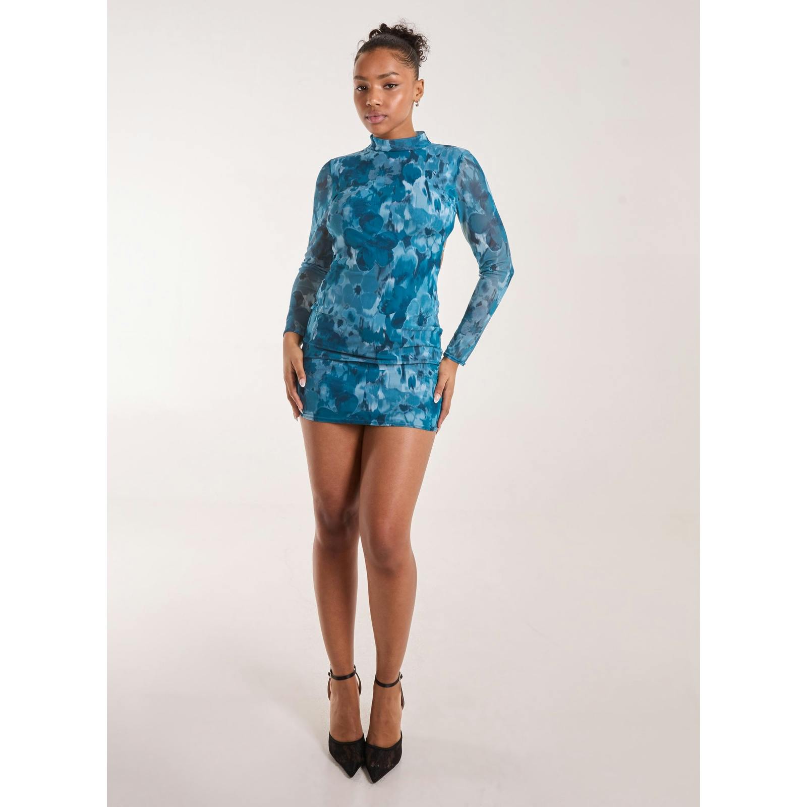 Pink Vanilla Graphic Floral High Neck Dress - Uk 14 - Teal