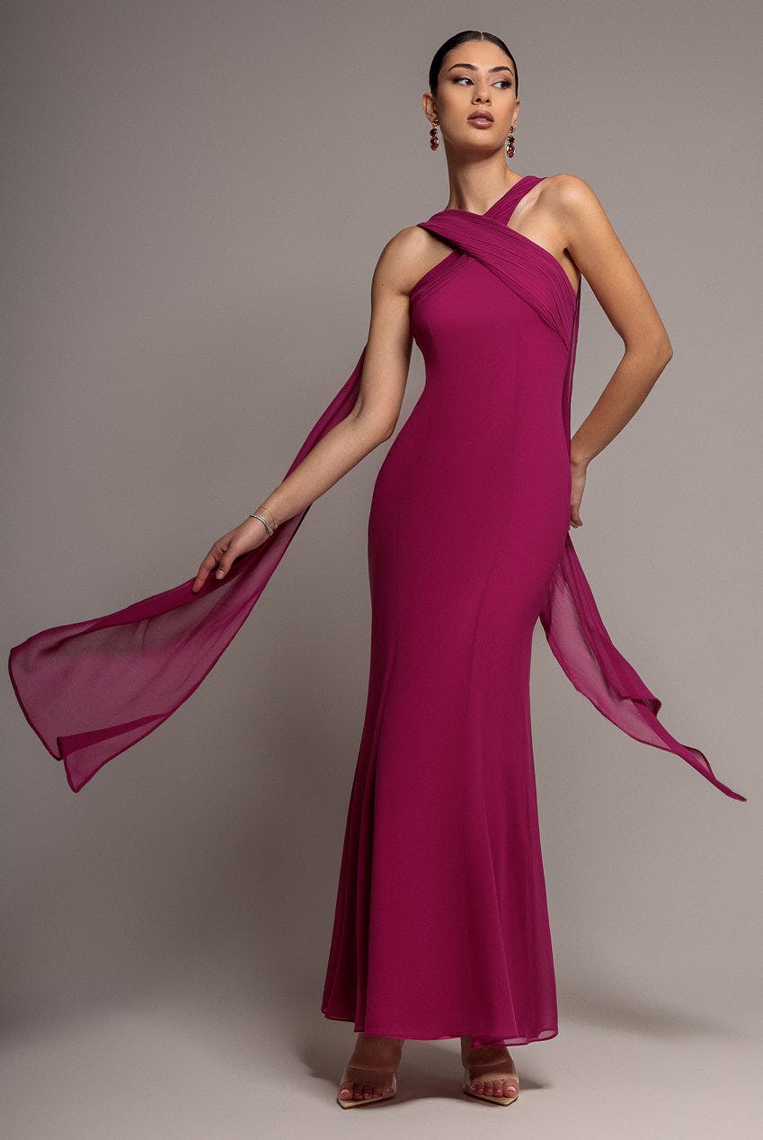 Goddiva Magenta Cross Front Scarf Back Chiffon Mermaid Maxi Dress - By - 16