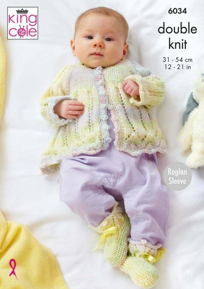 King Cole Baby DK Knitting Pattern - 6034 Overtop, Cardi, Matinee Coat & Bootees - Image 3