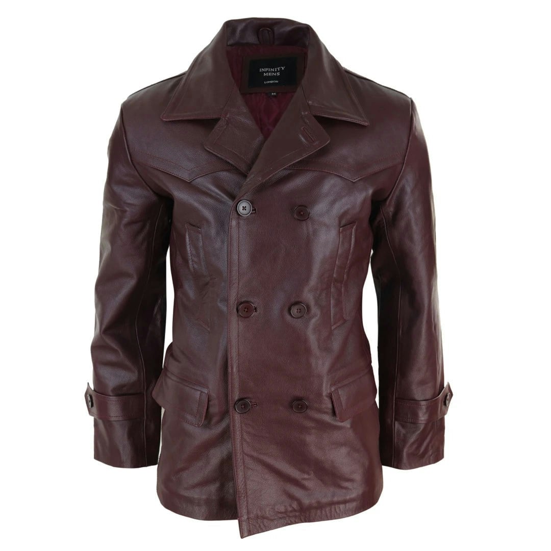Infinity Leather Men's Burgundy Leather Company 3/4 Double Breasted Leather Dr Who Kreigsmarine Uboat Jacket - 5XL