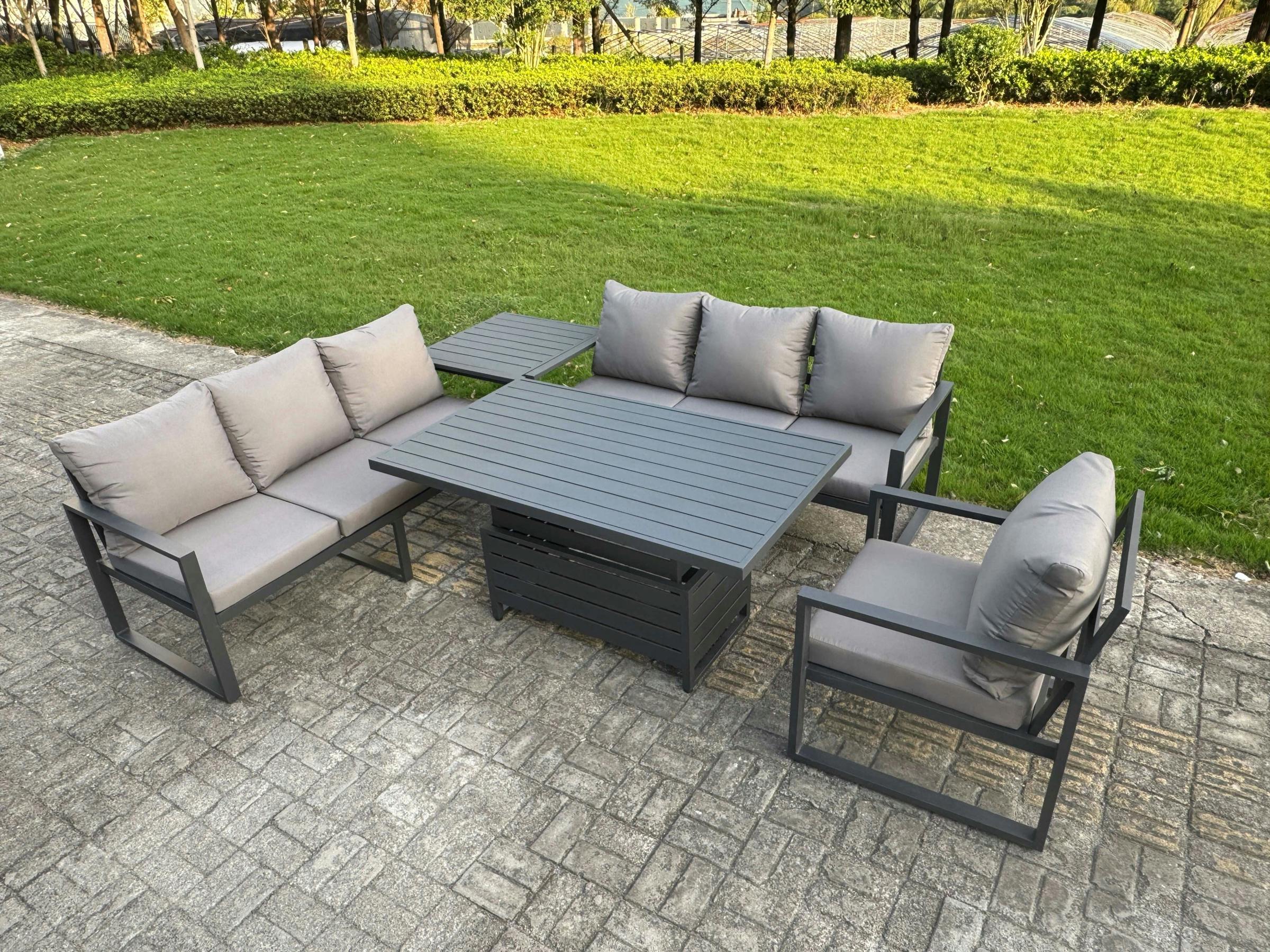 Rackhams Dark/Grey Aluminium Garden Furniture Sets,7 Seater Outdoor Sofa Dining Set With Adjustable Rising Lifting Dining Table Side Table Cushions