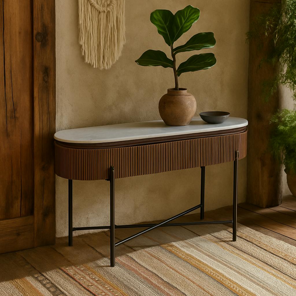 Rackhams Black Alabama Ribbed Mango Wood Console Table With Marble Top And Metal Legs