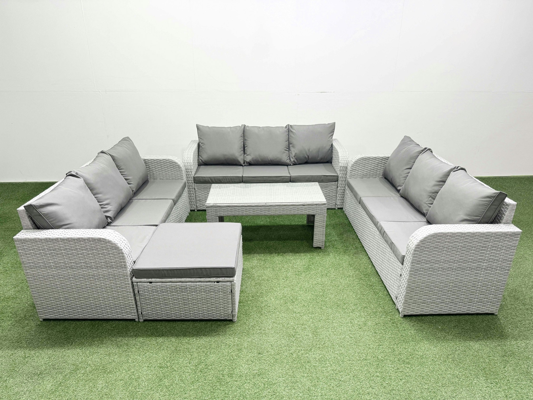 Rackhams PE Rattan Lounge Sofa Set 10 Seater Outdoor Garden Furniture Set with Oblong Coffee Table 3 Seater Sofa Big Footstool Light Grey