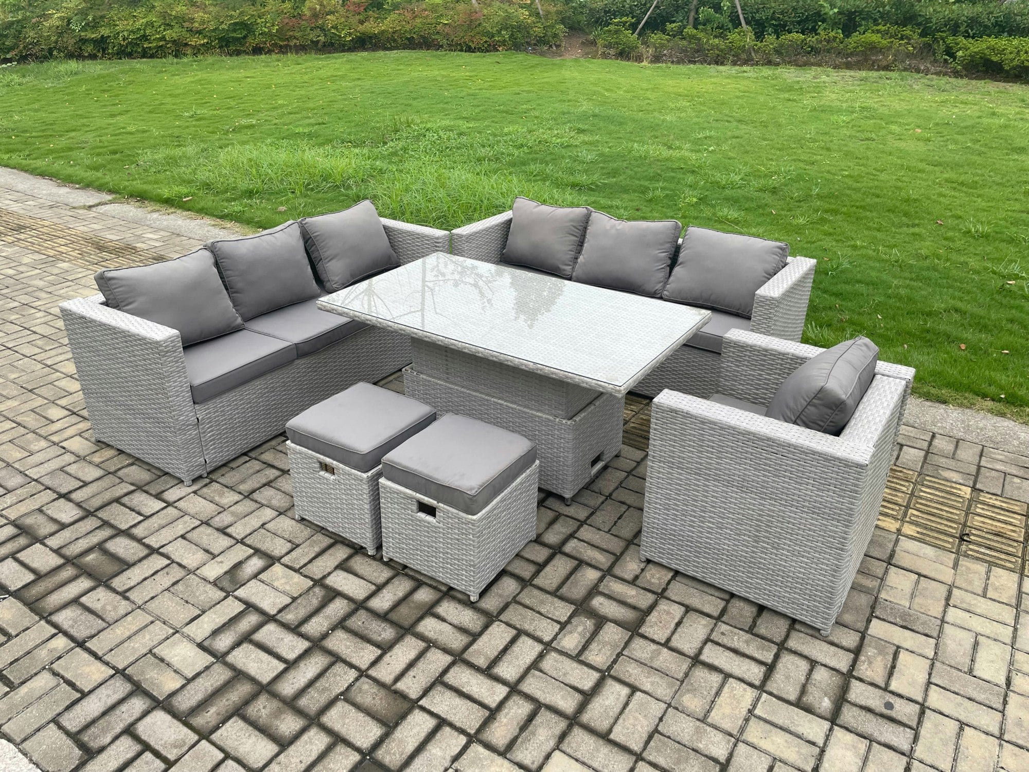 Fimous Light/Grey Rattan Garden Furniture Set With Height Adjustable Rising Table, 2 Sofas, 1 Armchair & 2 Footstools - 9 Seater