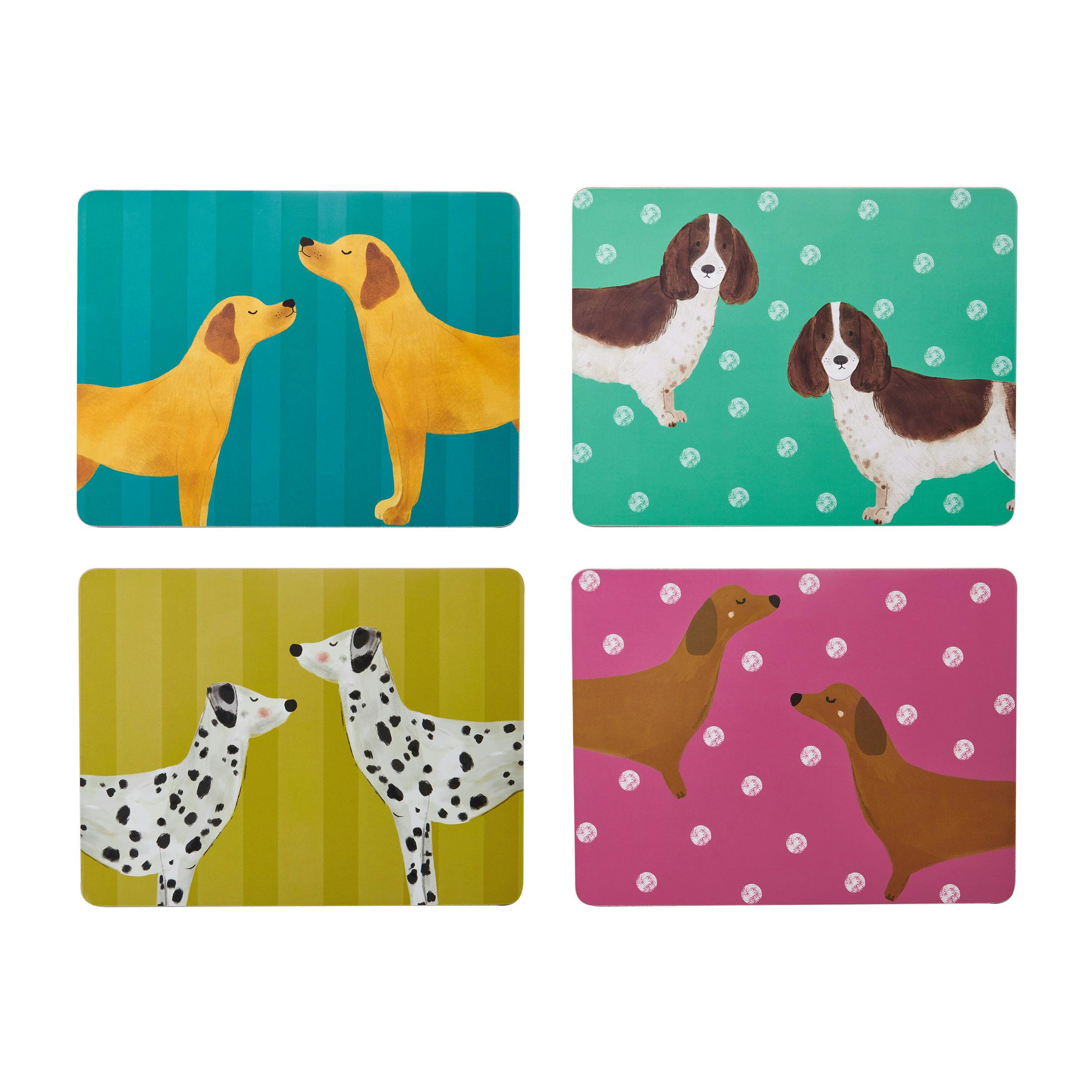 Rackhams White Set Of 4 Dog Placemats, Cork Backed, Assorted Dogs 30 X 22Cm - Cork - Placemats And Coasters