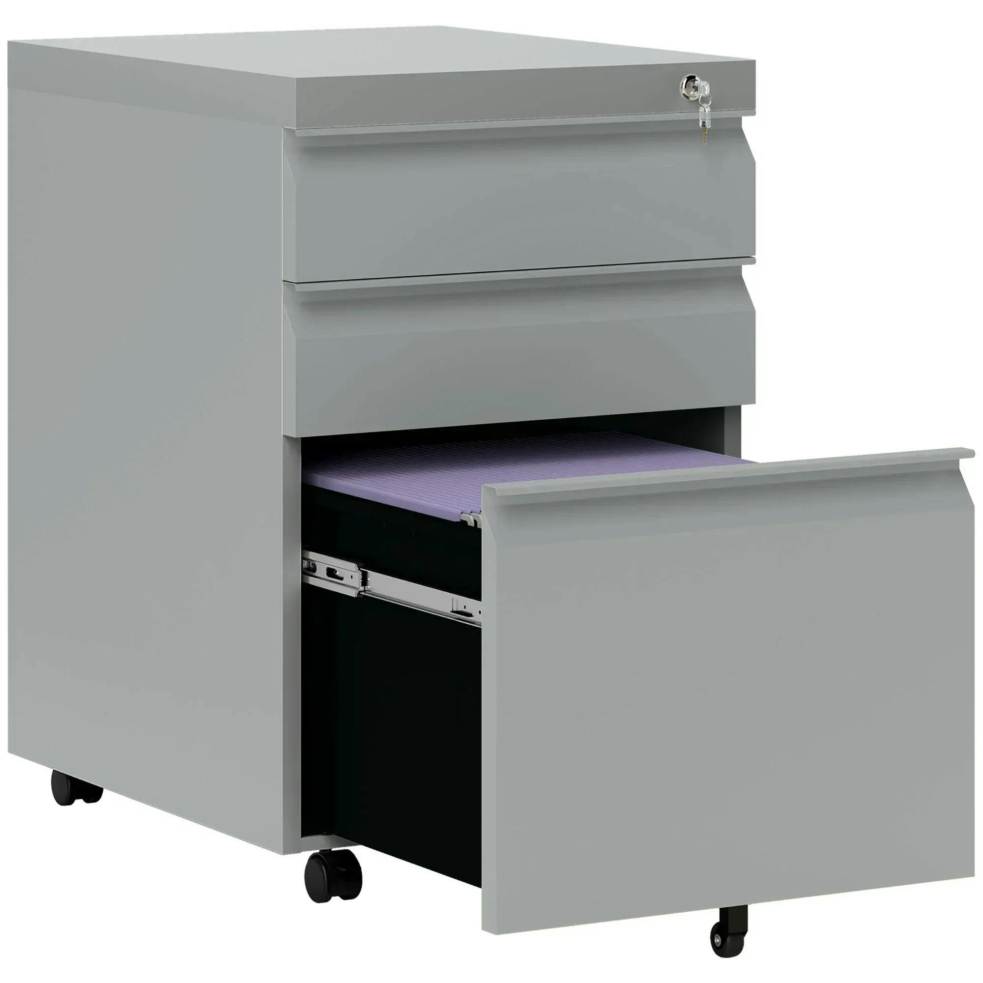 Bobobiy Grey 3 Drawer Filling Cabinet, Mobile Metal File Cabinet With Anti-Tilt Design For Letter, A4, Legal Size,