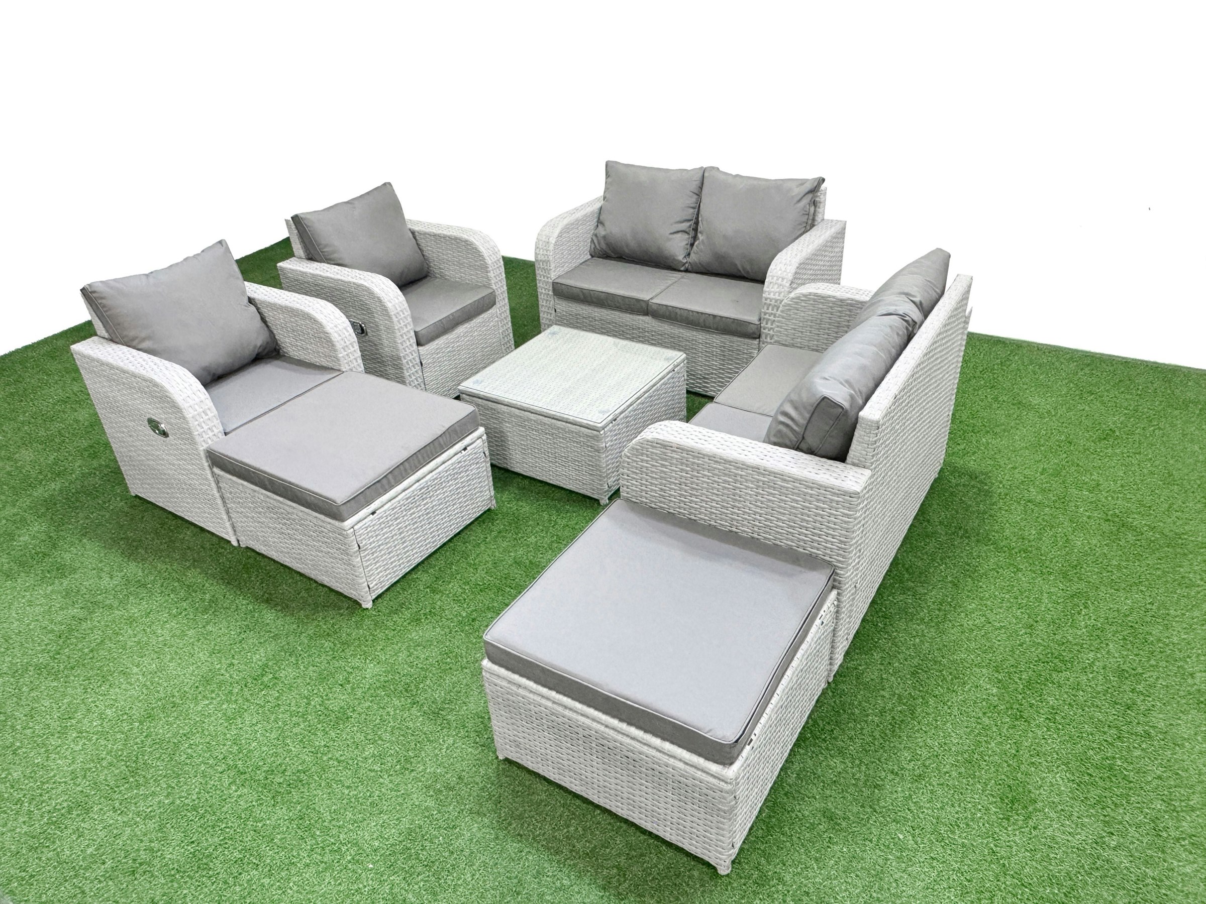 Fimous Light/Grey 8 Seater Outdoor Reclining Chair Love Sofa Set Rattan Garden Furniture Set With Square Coffee Table 2 Big Footstools
