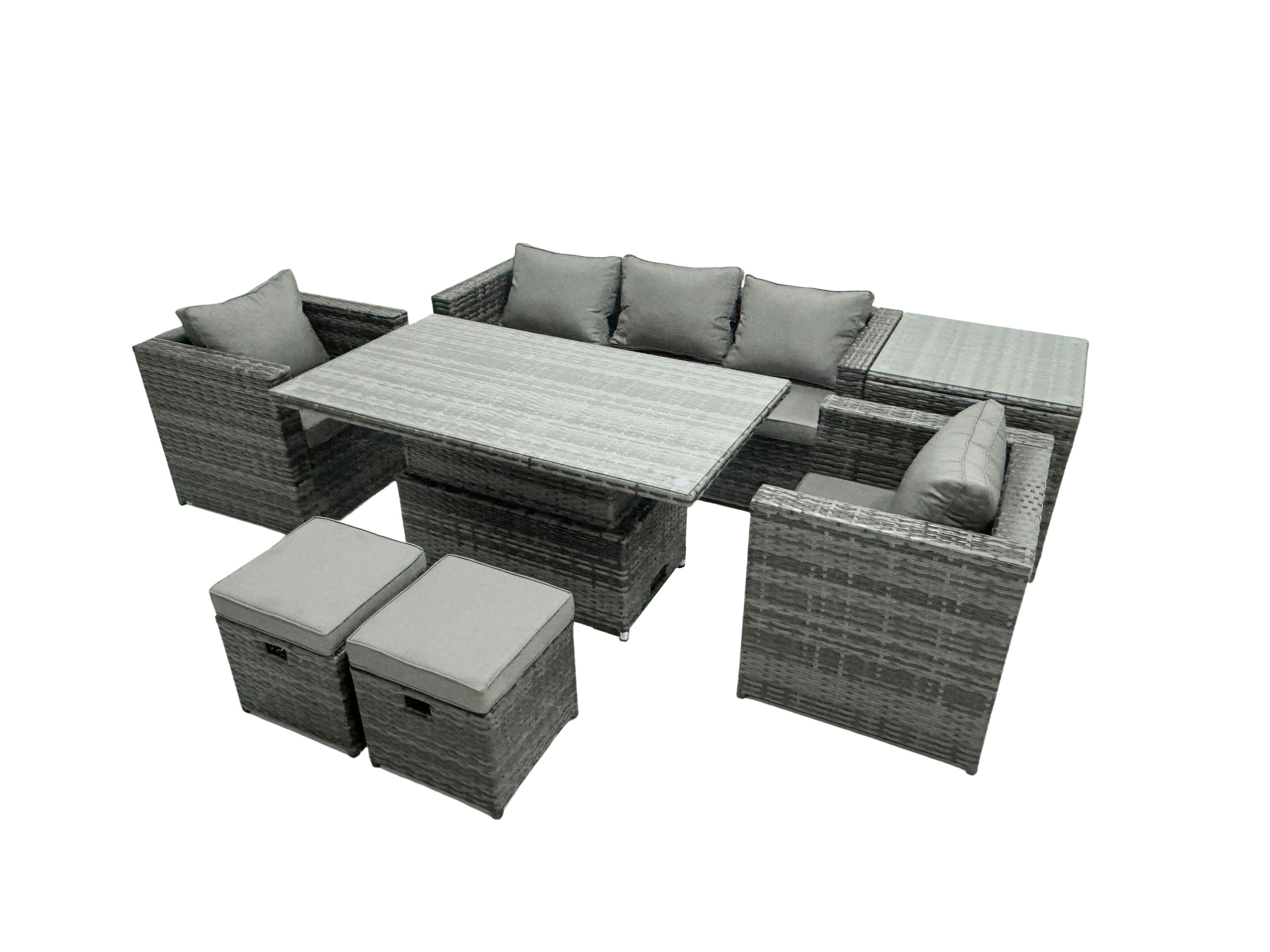 Rackhams Dark/Grey Rattan Garden Furniture Set Rising Adjustable Dining Table Lounge Sofa Set With Foostools Mixed Extra Side High Tall Coffee Tea Table