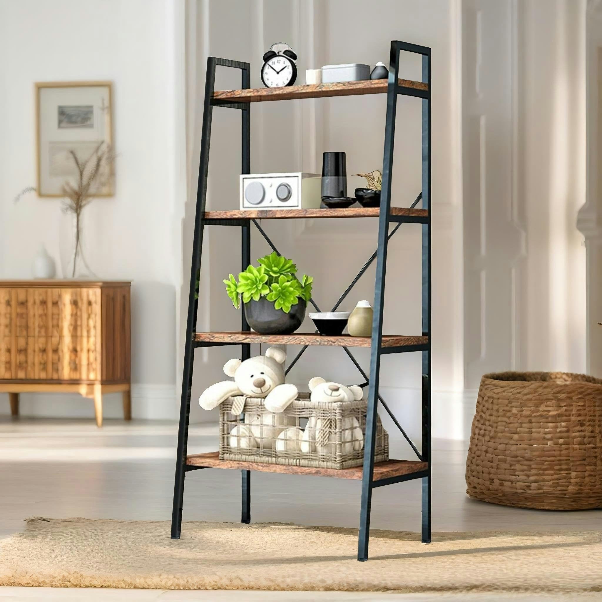 Rackhams Brown 4 Tier Free Standing Ladder Shelf For Living Room Storage Rustic