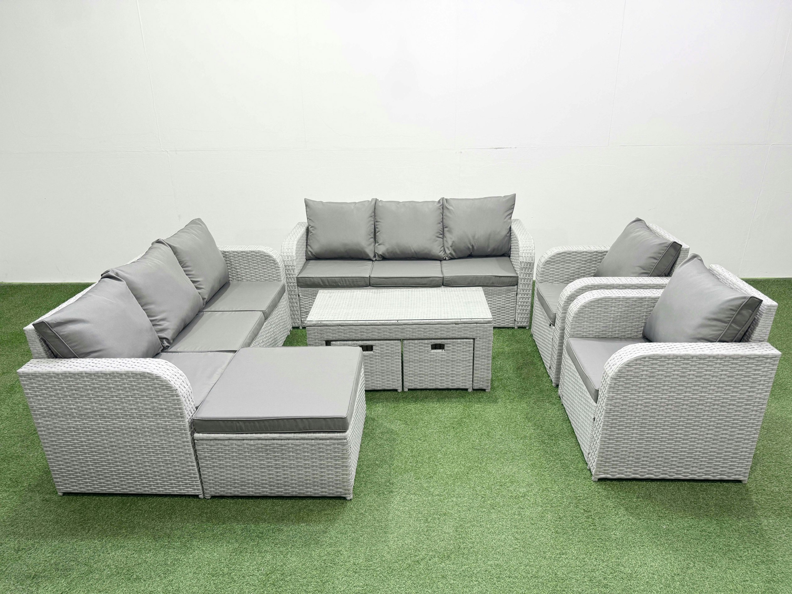 Fimous Light/Grey Pe Rattan High Back Lounge Sofa Set Patio Oblong Coffee Table & Chairs Set With 3 Seater Sofa Reclining Chair 3 Stools