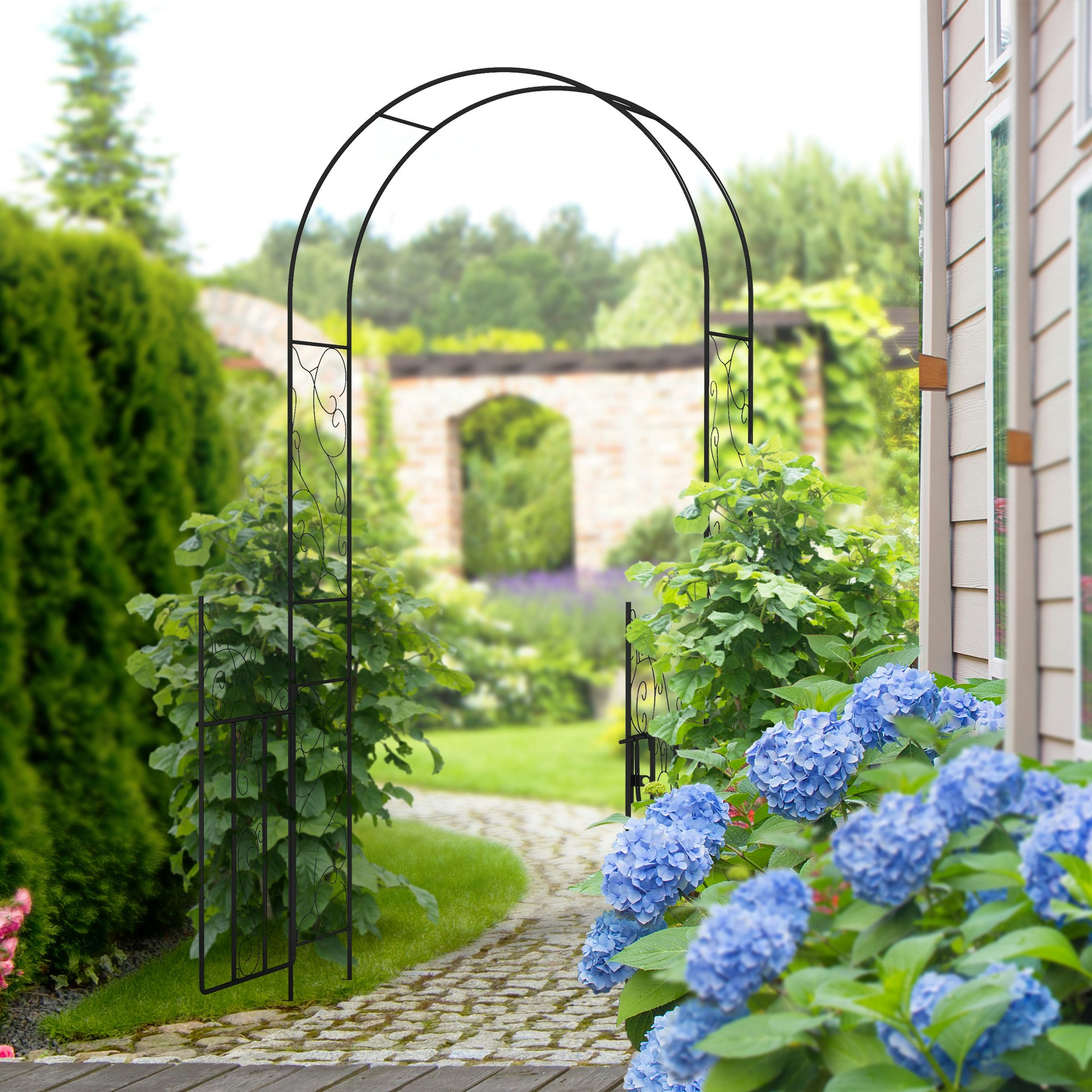 Outsunny Green Metal Garden Arch With Double Gate, Garden Arbor Climbing Plants