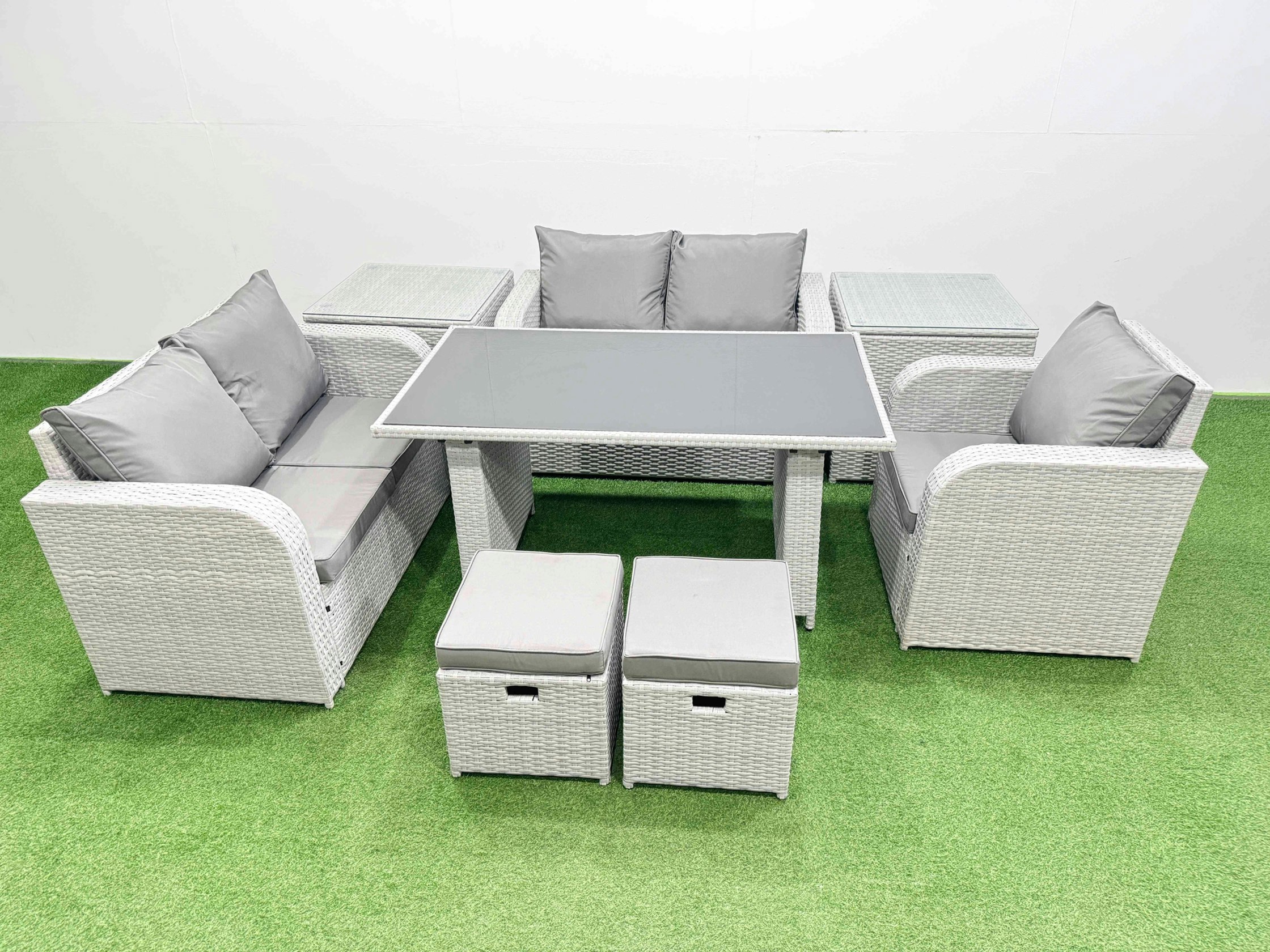 Fimous Light/Grey Rattan Sofa Outdoor Furniture With Dining Table,2 Side Tables,Love Sofa,2 Small Stools Patio Furniture 7 Seater