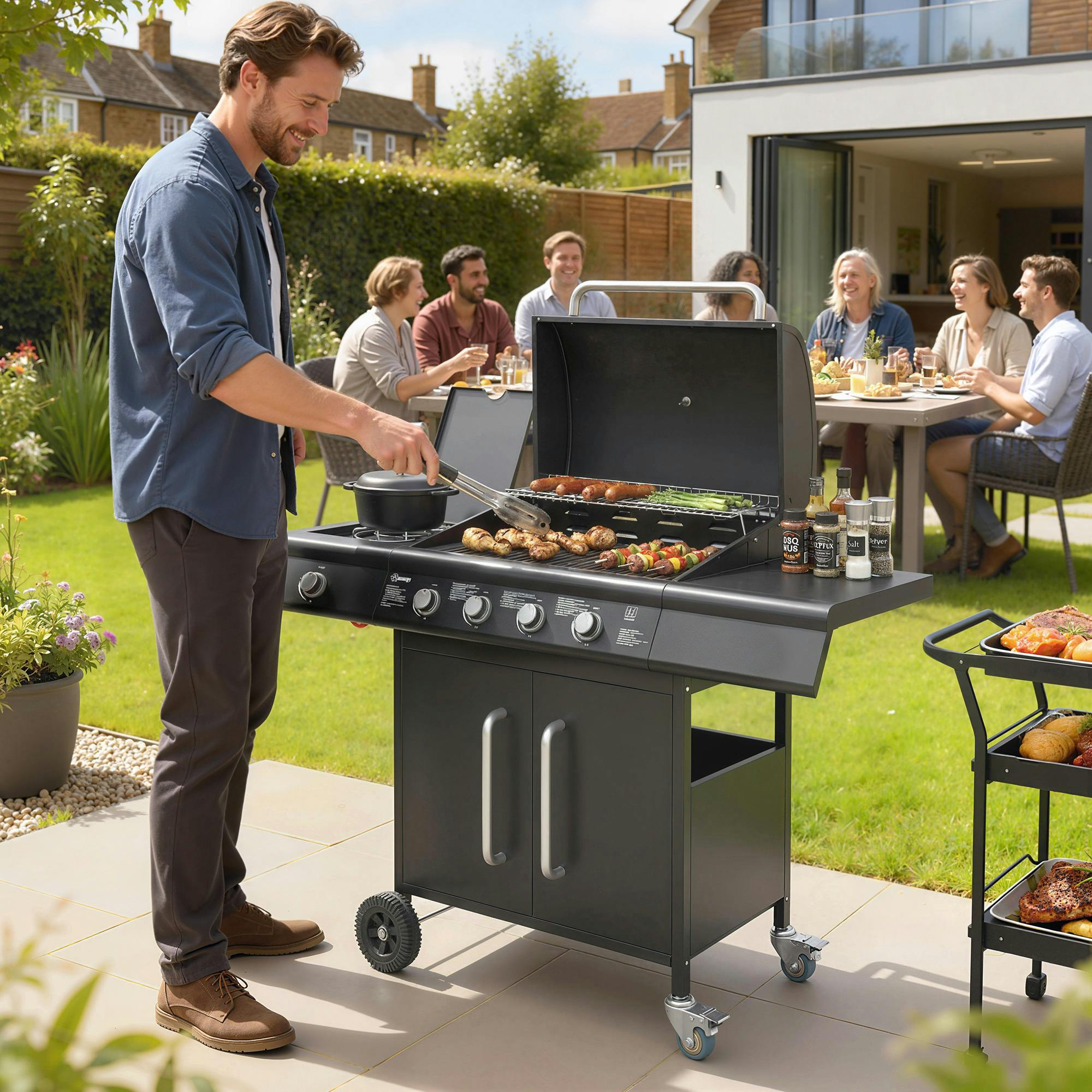 Outsunny Unisex Black Burner Gas Bbq Grill, Gas Barbecue Trolley With Side Table, Size 5 - Image 4