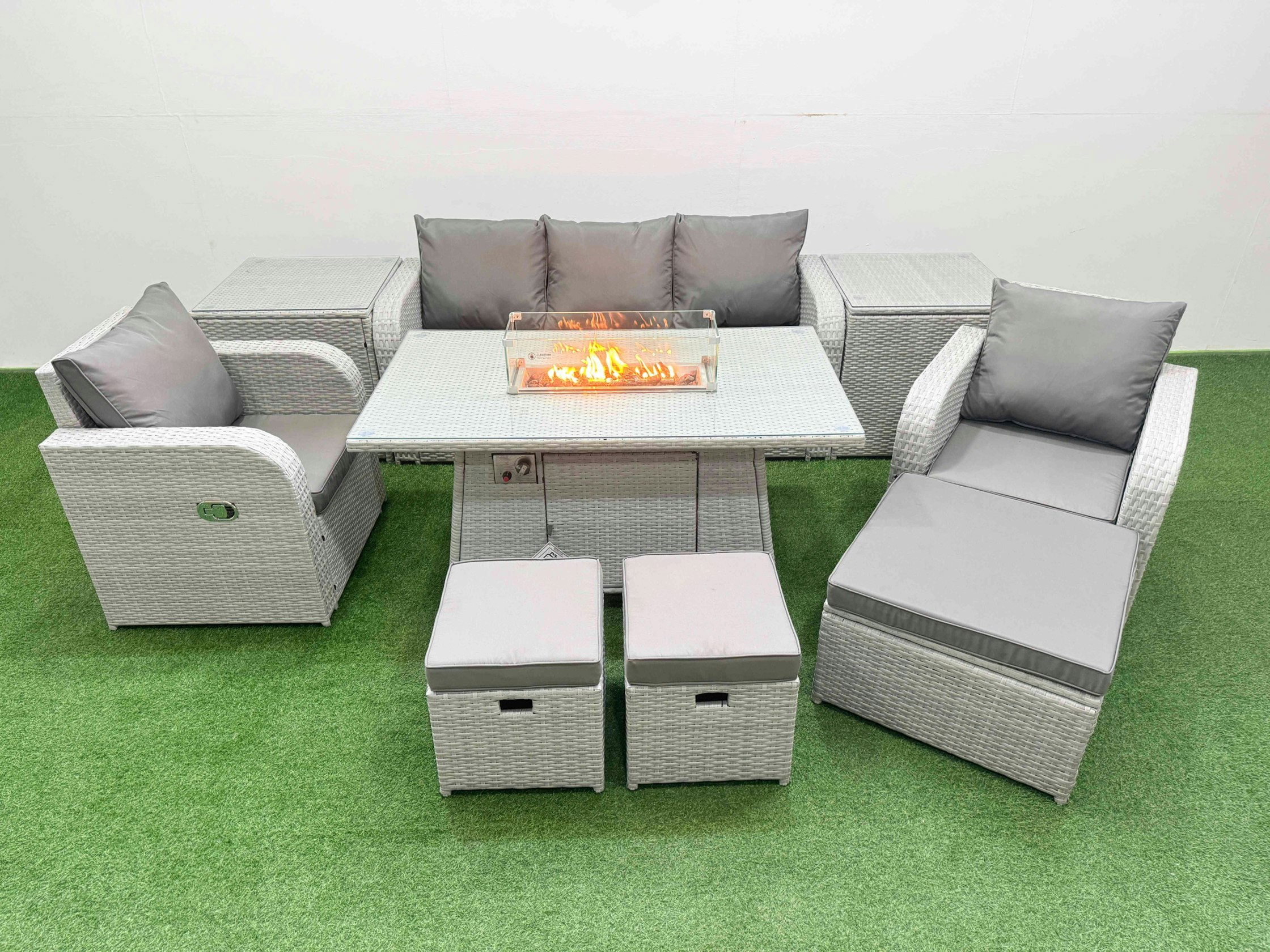 Fimous Light/Grey Pe Rattan Garden Furniture Set Reclining Chair Sofa Lounge Sofa Set Fire Pit Dining Table 2 Side Table 3 Stools