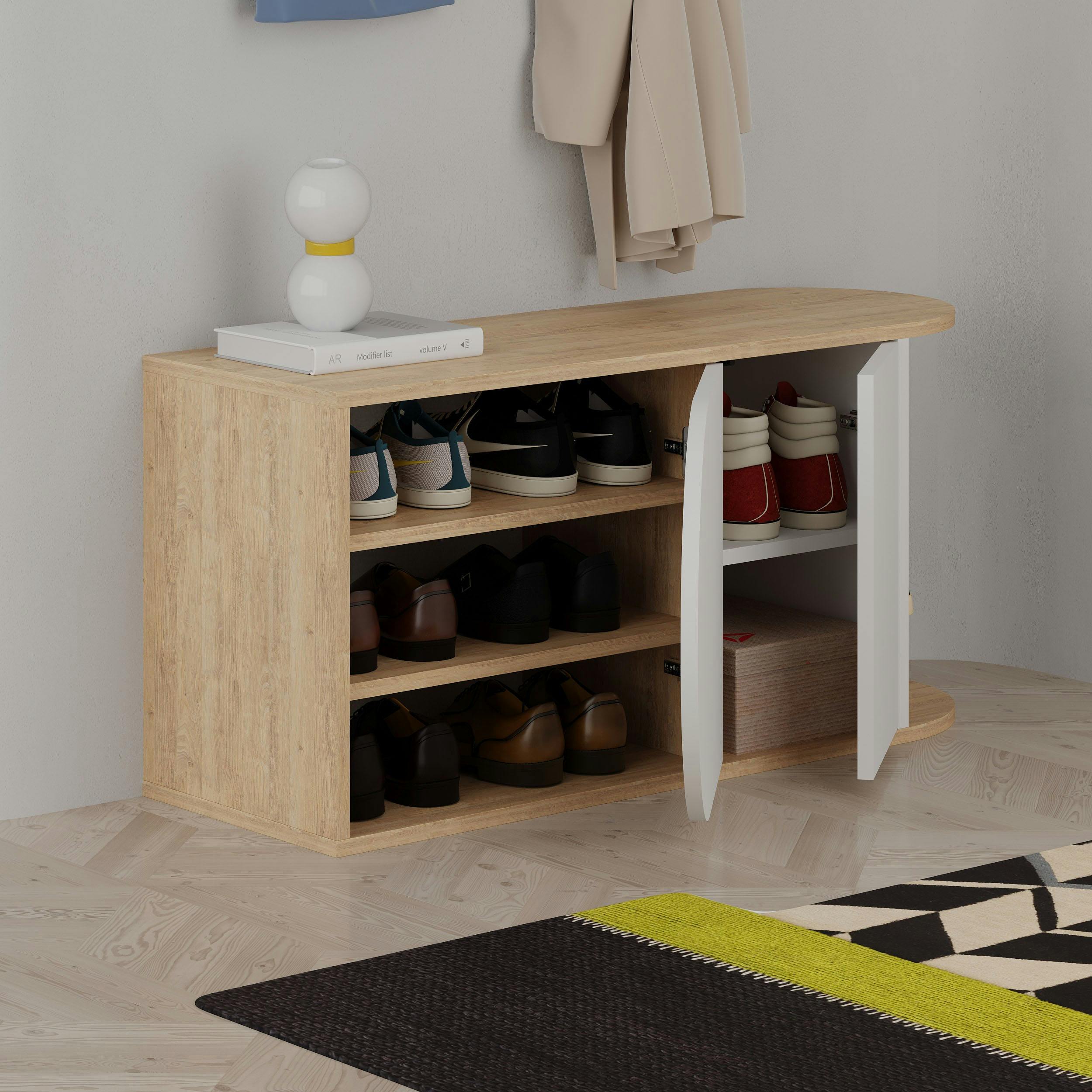 Decortie White Nova Shoe Bench Storage Oak, Engineered Wood 2-Door Oval Cut Edge 104(W)Cm With Metal Hook Organiser Hallway - Oak