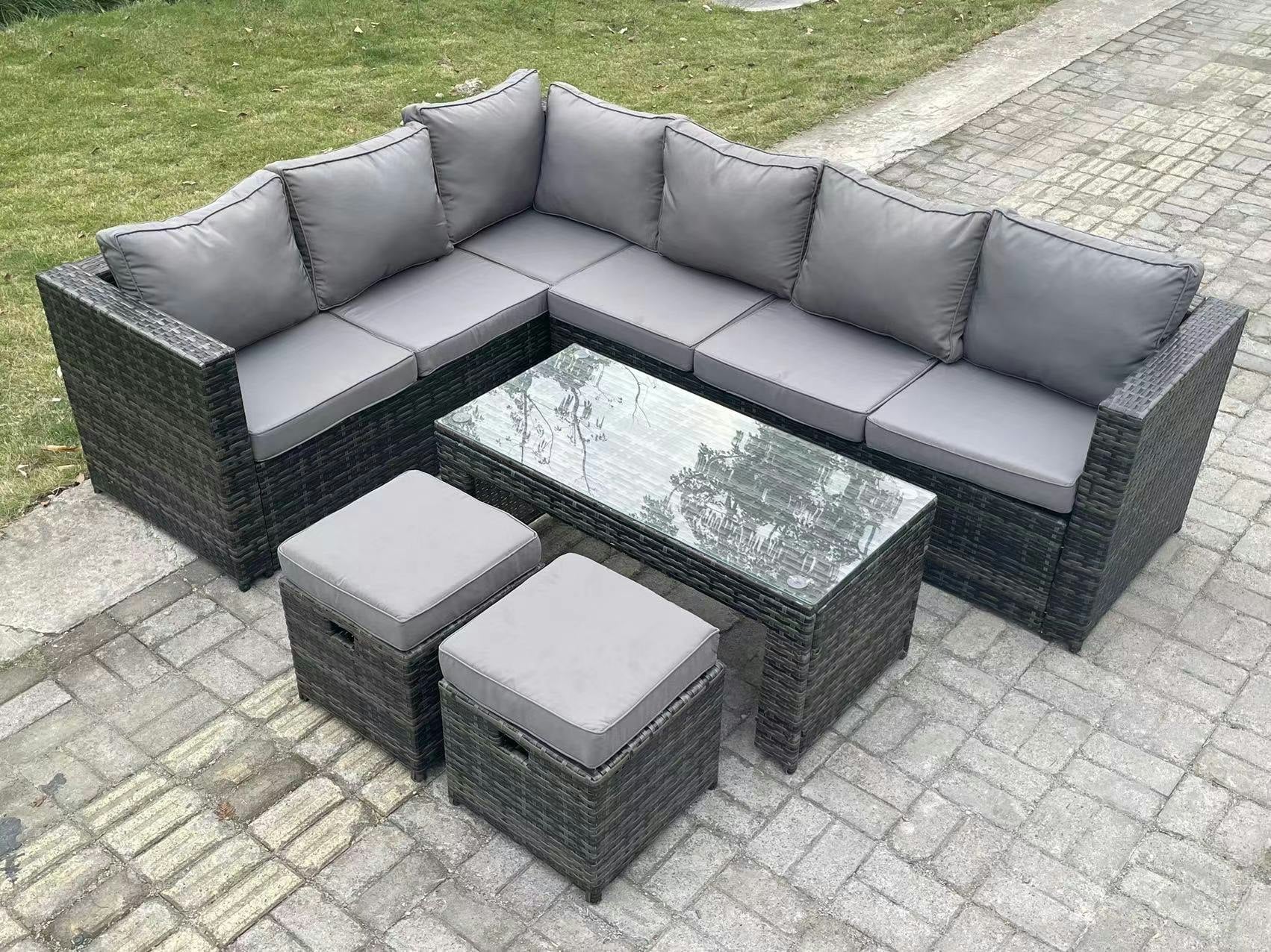 Rackhams Dark/Grey Seater Rattan Corner Sofa Lounge Sofa Set With Rectangular Coffee Table 2 Stool Mixed Left Hand Size 8