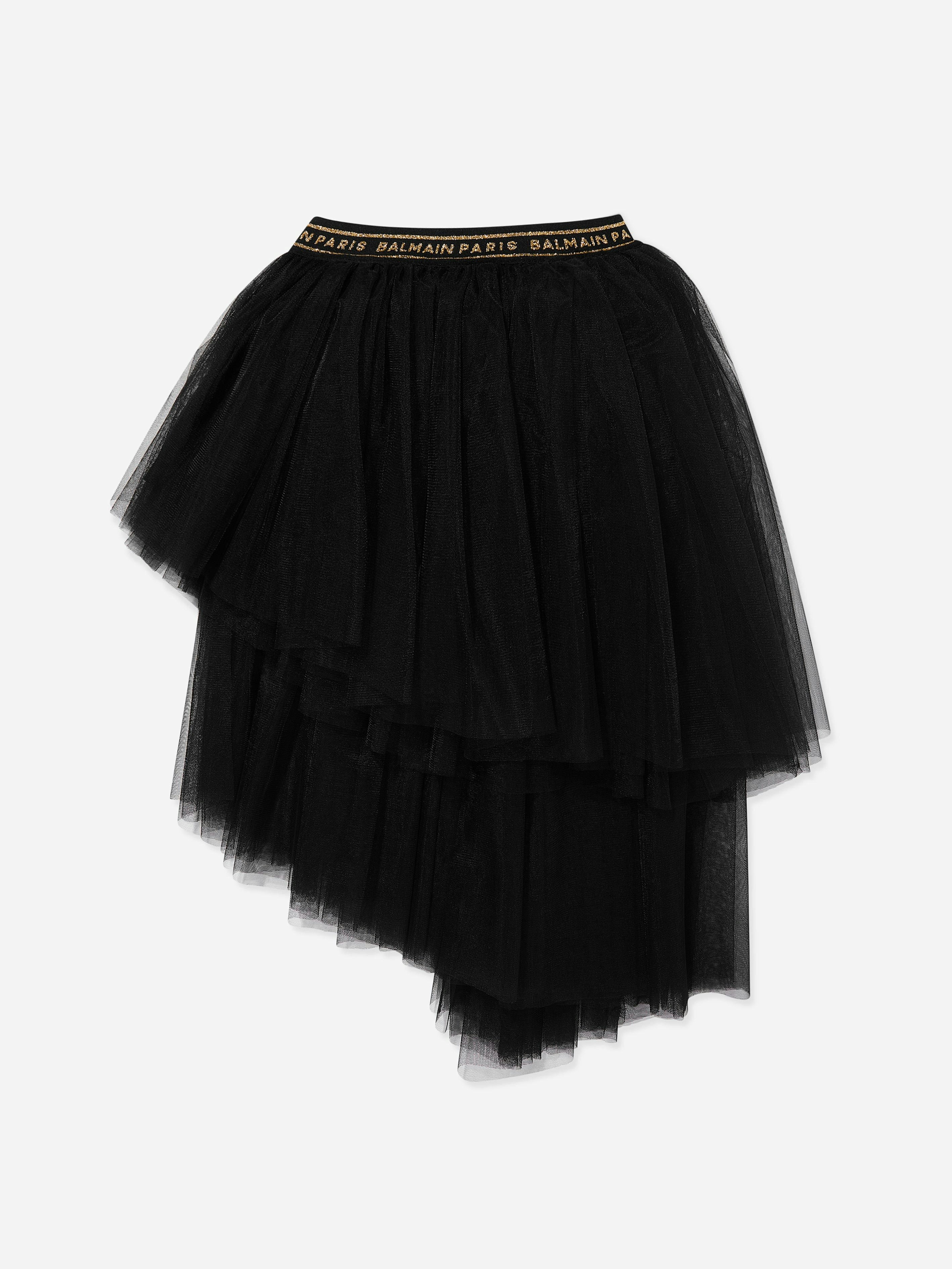 Balmain Girls Black Asymmetrical Ruffle Skirt In - 4 Yrs
