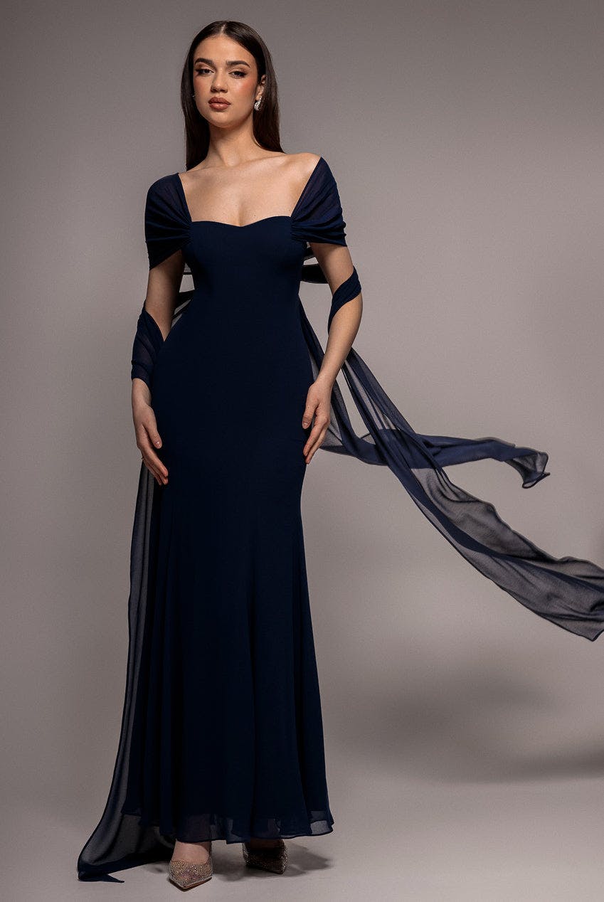 Goddiva Blue Multiway Cape Chiffon Sweetheart Maxi Dress - Navy By - Navy - 16