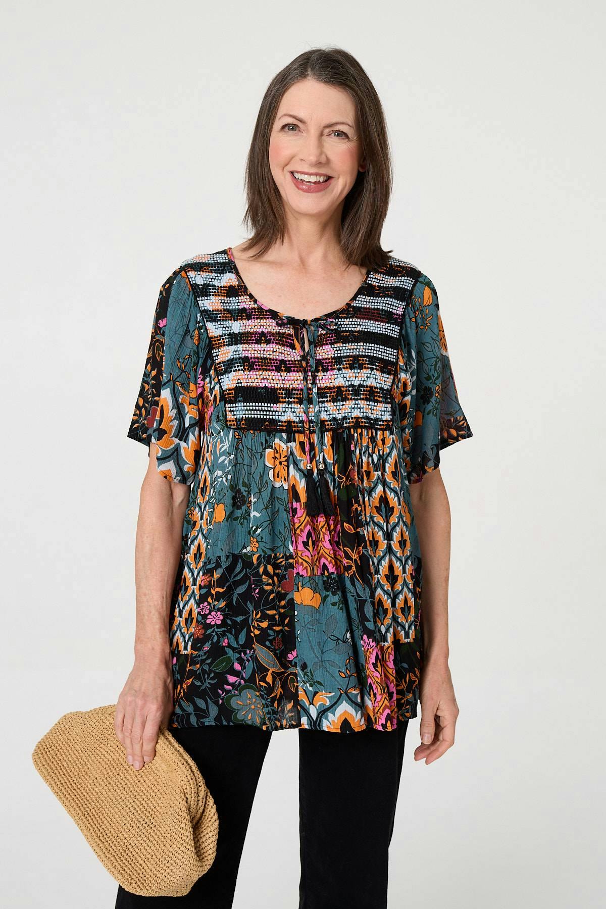 Izabel London Floral Tie Front Relaxed Smock Blouse - S - Teal