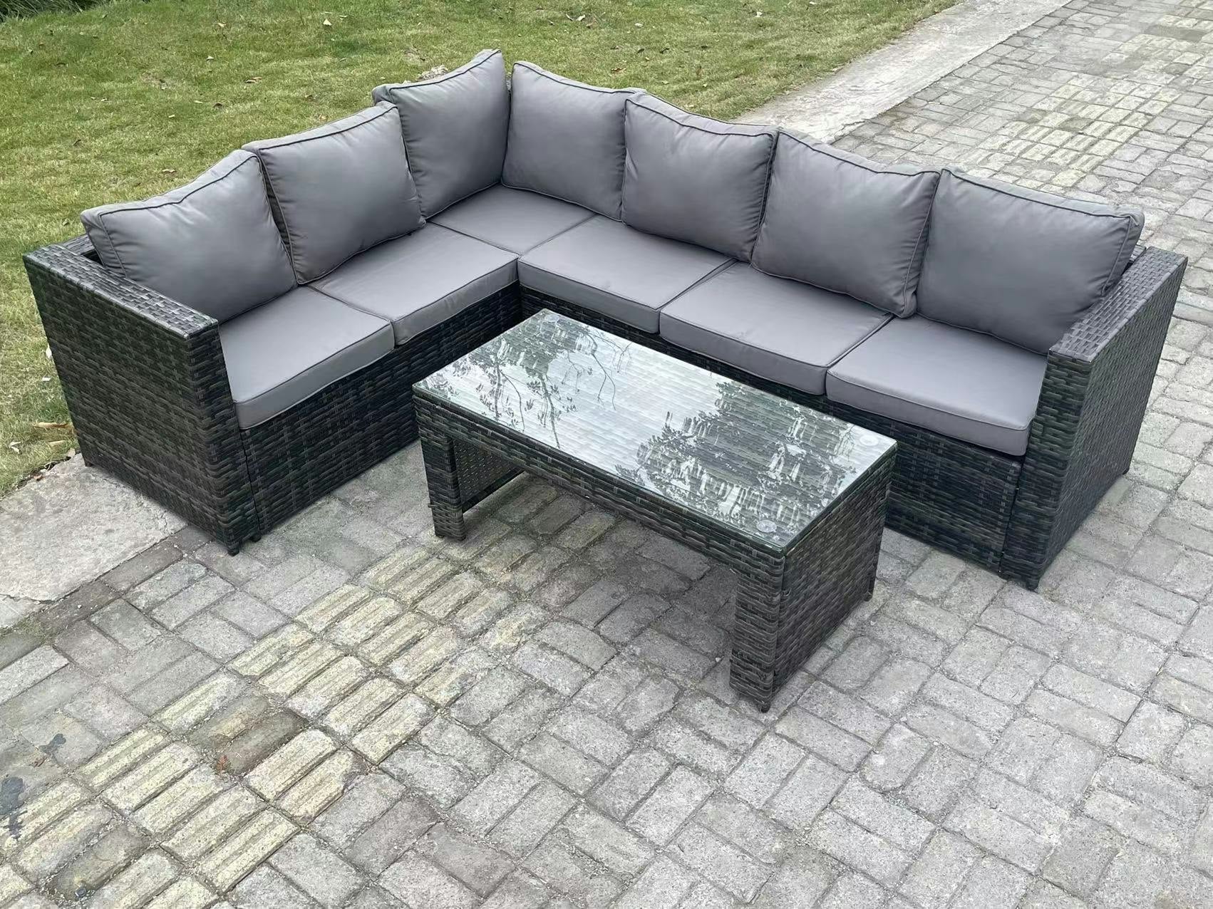 Rackhams Dark/Grey 6 Seater Rattan Corner Sofa Lounge Sofa Set With Rectangular Coffee Table Mixed Left Hand
