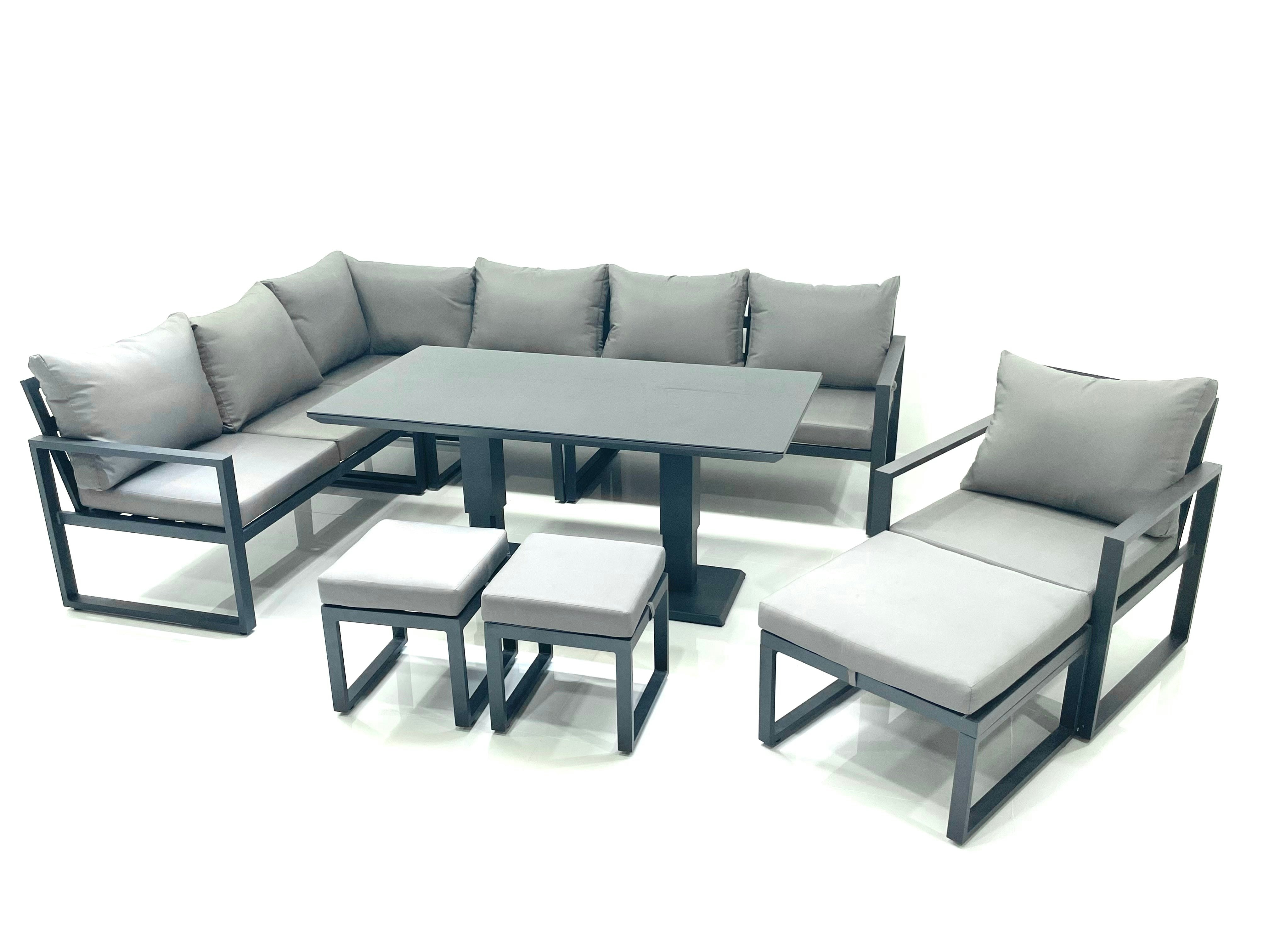 Rackhams Dark/Grey Aluminium Outdoor Garden Furniture Set Corner Sofa Chair 3 Footstools Adjustable Rising Lifting Dining Table Sets