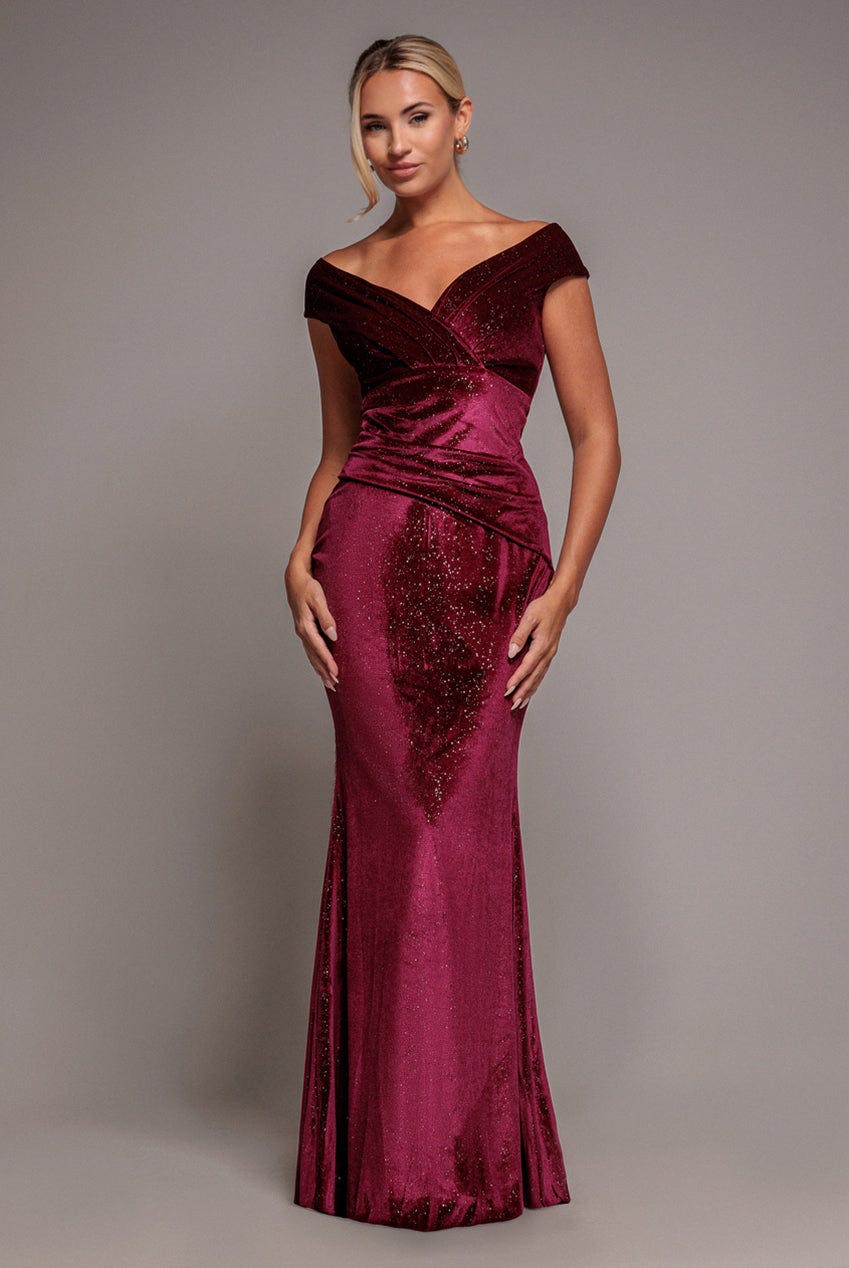 Goddiva Light/Black Shimmer Velvet Bardot Maxi Dress - Wine By - Wine - 10