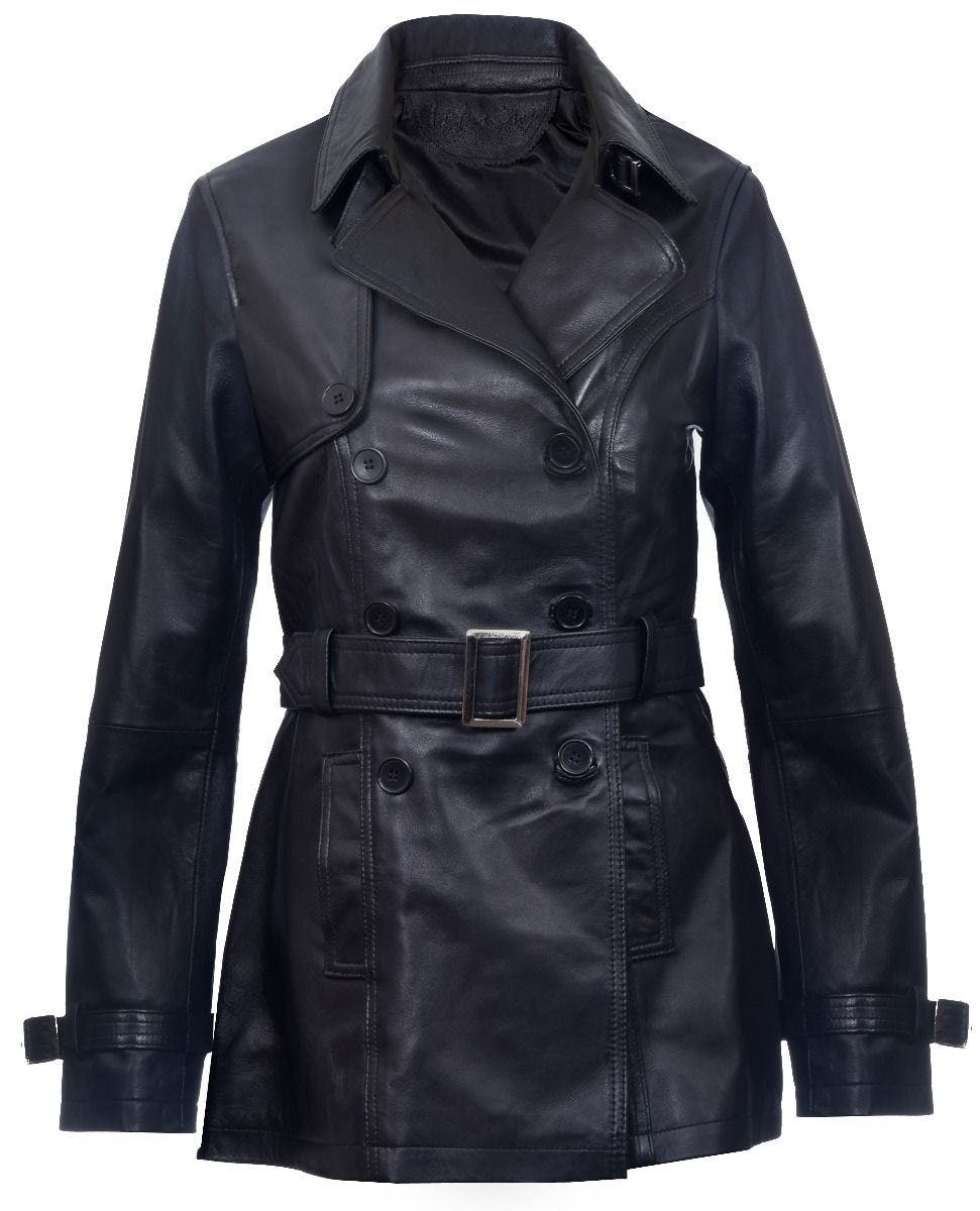 Infinity Leather Women's Black Mid Length Leather Trench Coat -Oakham - Uk S/10 | Eu 36 | Us 6