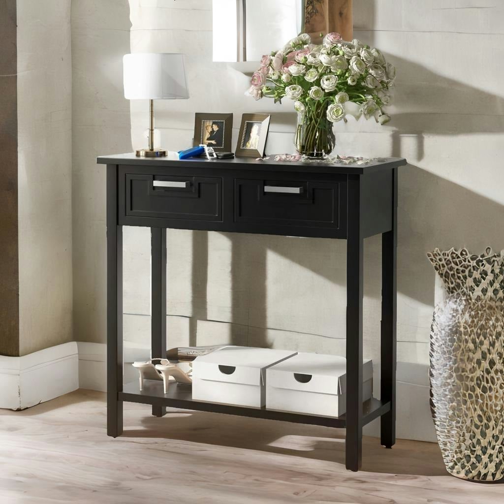 Rackhams Black Modern Wooden Console Table With 2 Drawers And Shelf