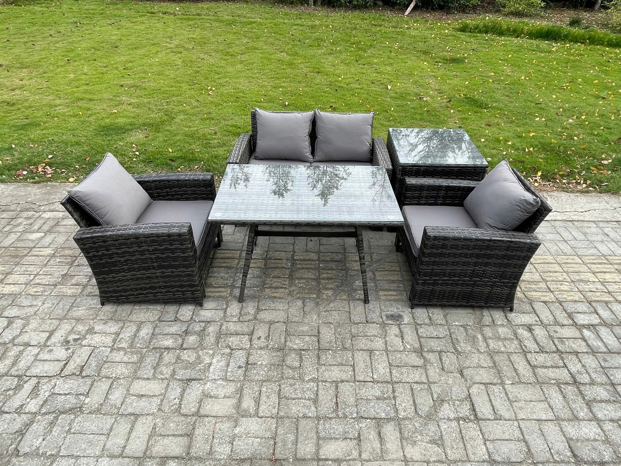 Rackhams Dark/Grey Outdoor Garden Furniture High Back Rattan Sofa Dining Table Set With Side Table Mixed