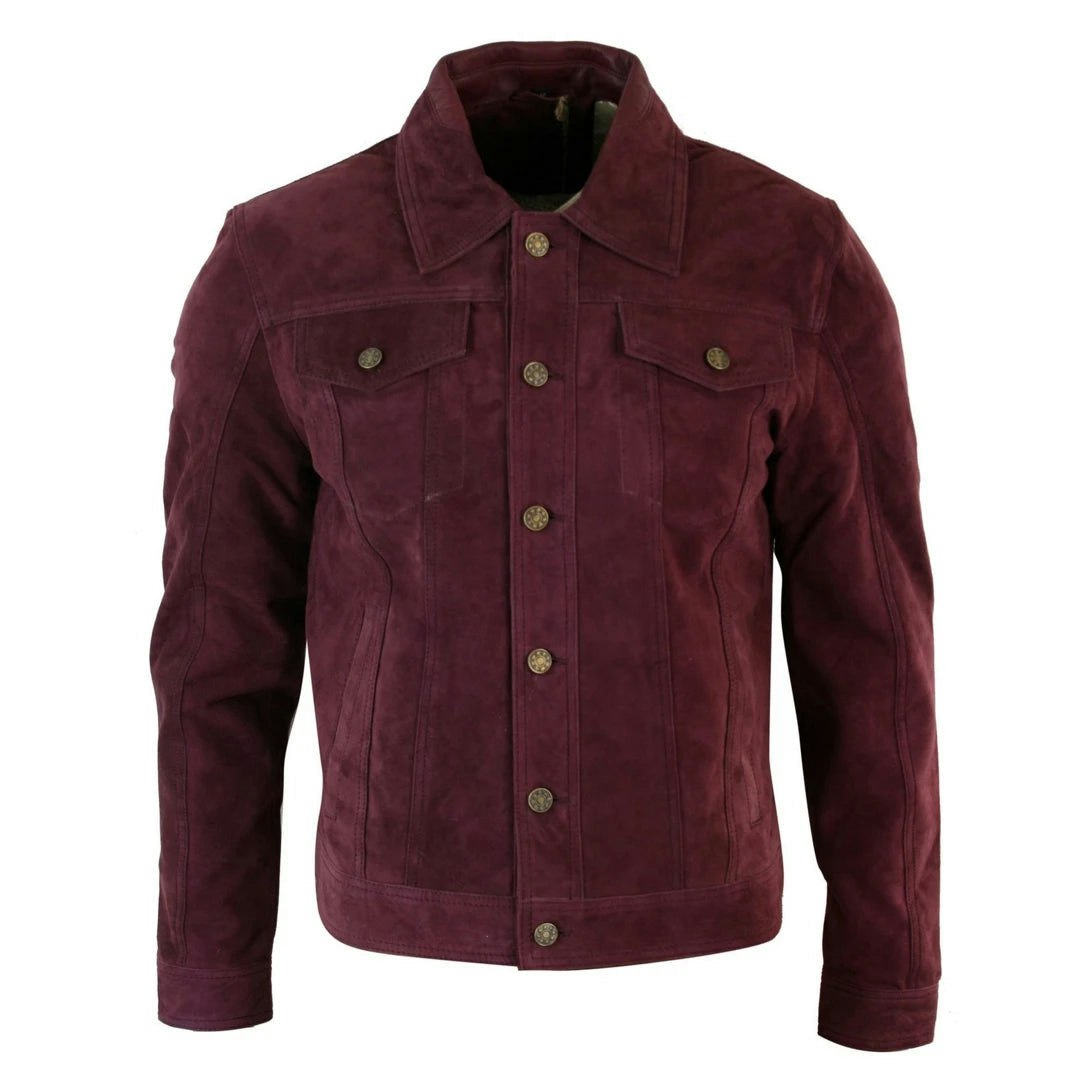 Infinity Leather Men's Burgundy Short Denim Suede Leather Jean Jacket - 4XL