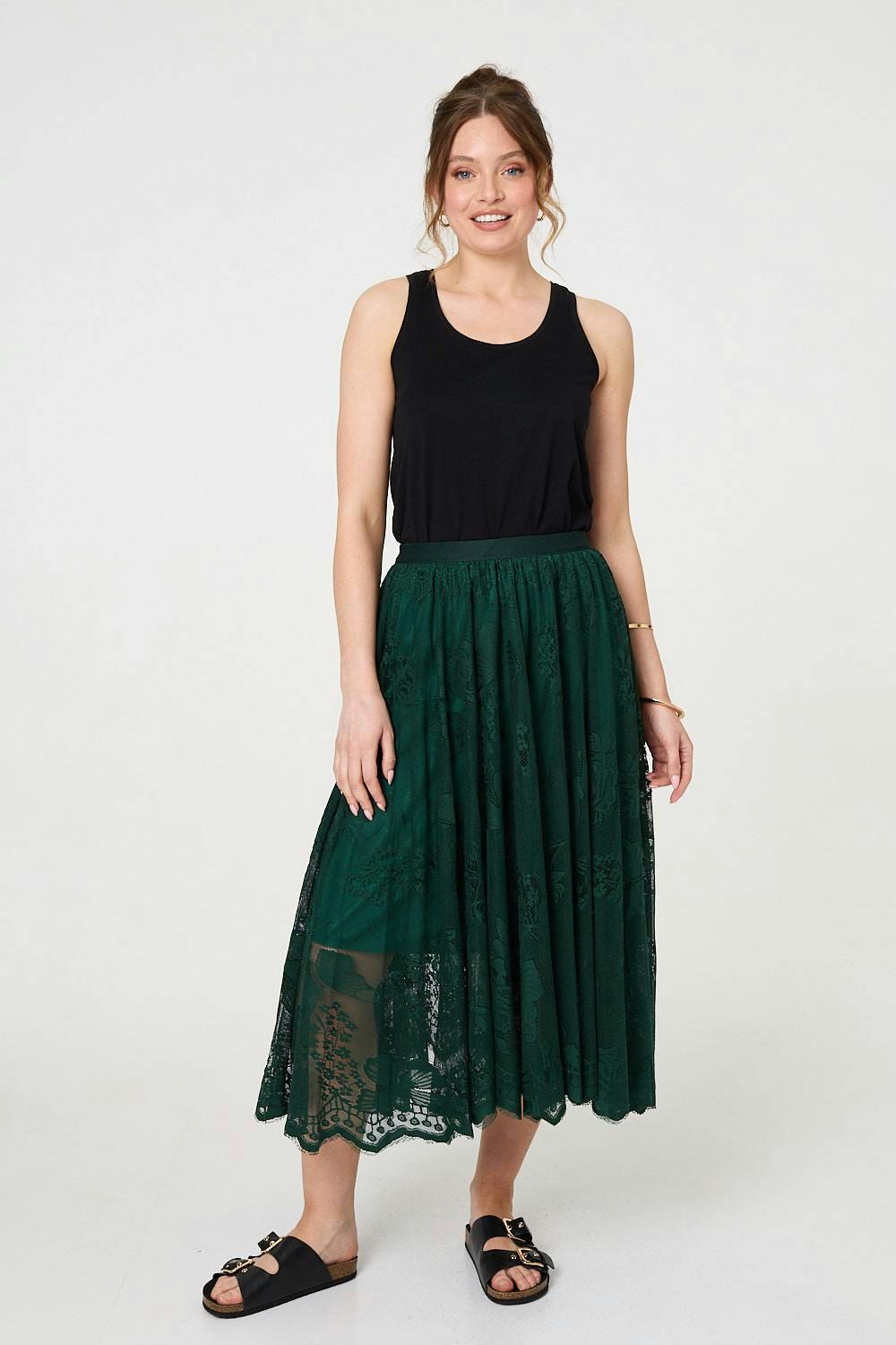 Izabel London Floral Semi Sheer Mesh Layer Midi Skirt - Sage - M