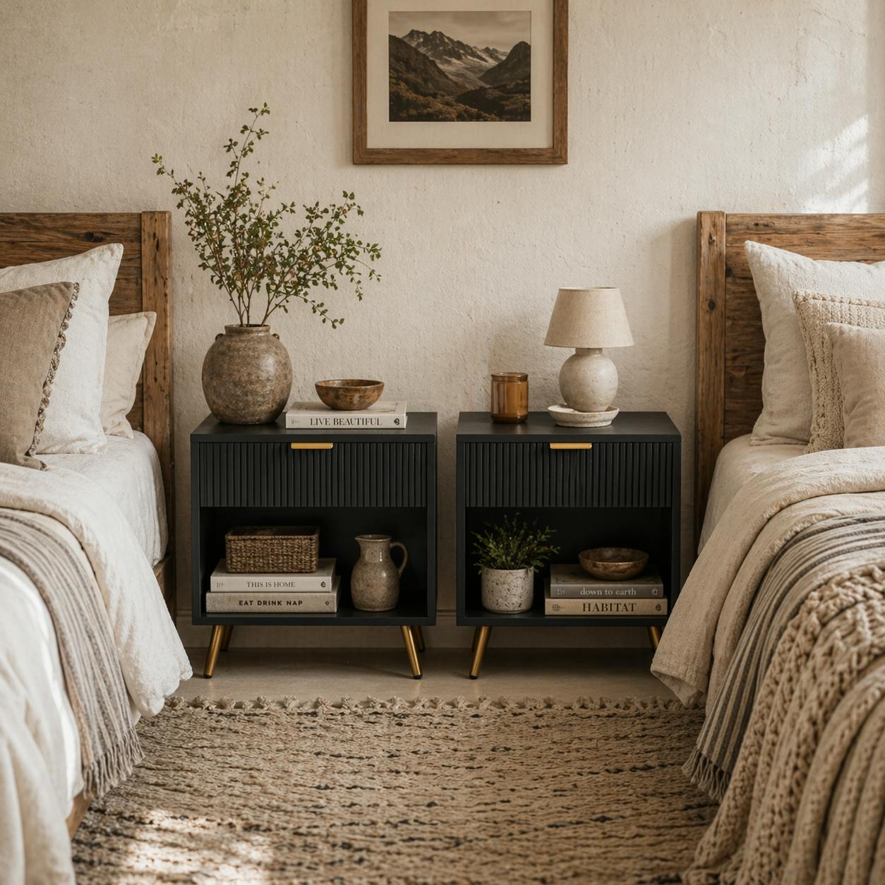 Wyld Haus Black/Gold Sota Sola Set Of 2 And Ribbed Elegant Bedside Tables With Drawer And Shelf