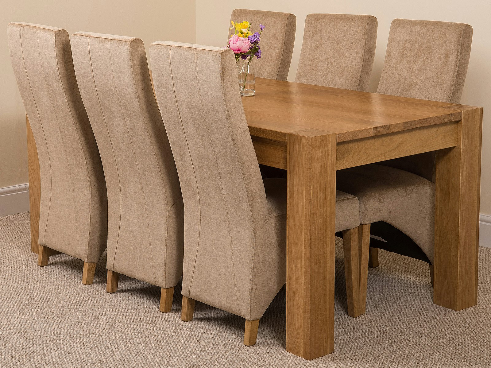 That's Furniture Beige Kuba Large Oak Dining Table With Lola Fabric Chairs - 6 Chairs