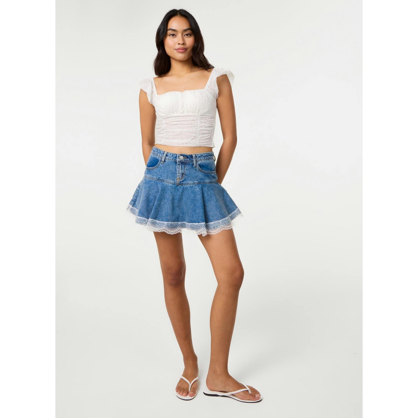 Pink Vanilla Pink/Light/Blue Vanilla Flippy Lace Trim Denim Skirt With Shorts - Uk 10