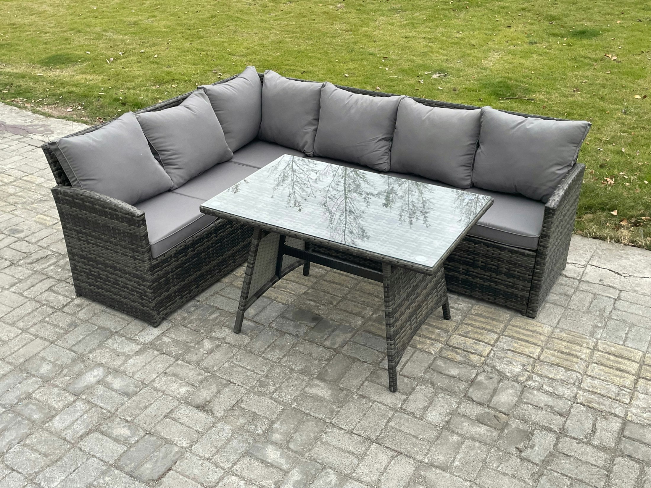 Fimous Dark/Grey Wicker Rattan Garden Furniture Corner Sofa Set With Oblong Dining Table 6 Seater Outdoor Rattan Set Mixed