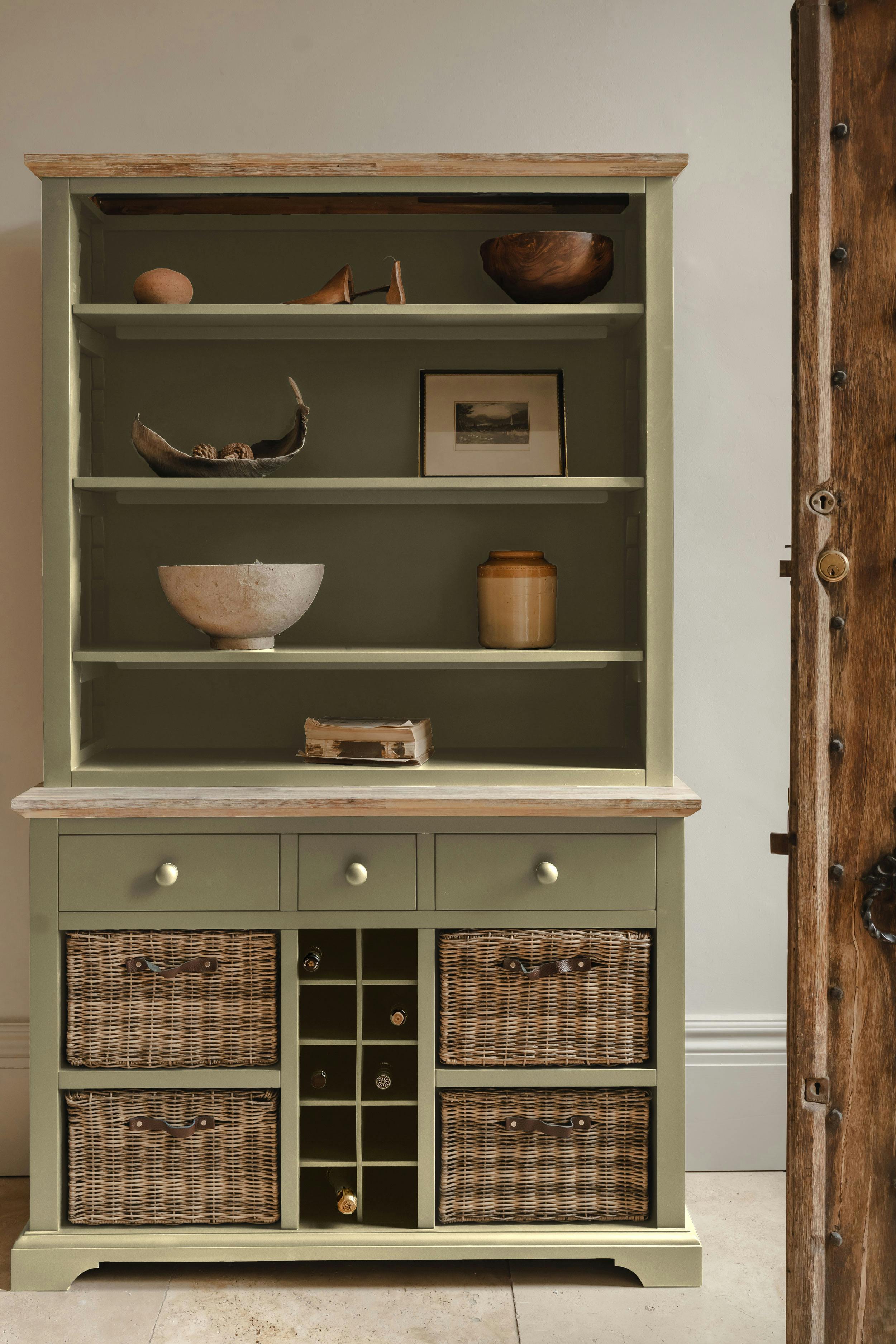 Rackhams Green Florence Display Cabinet With Shelves, Wine Rack And Storage Baskets - Sage