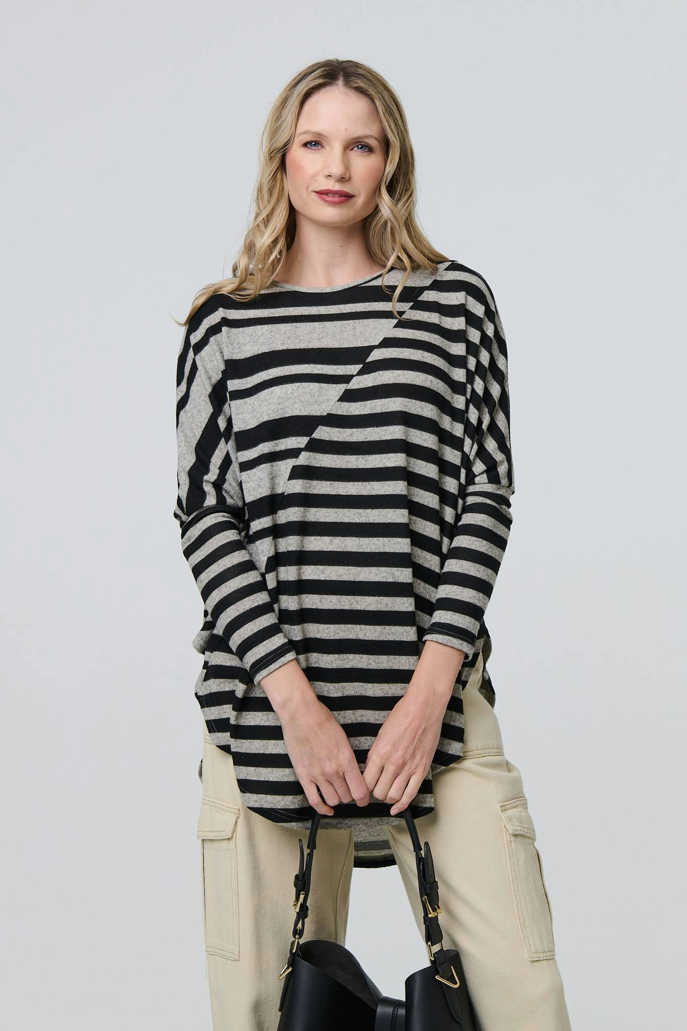 Izabel London Grey Striped Asymmetric Long Sleeve Tunic Top - 12