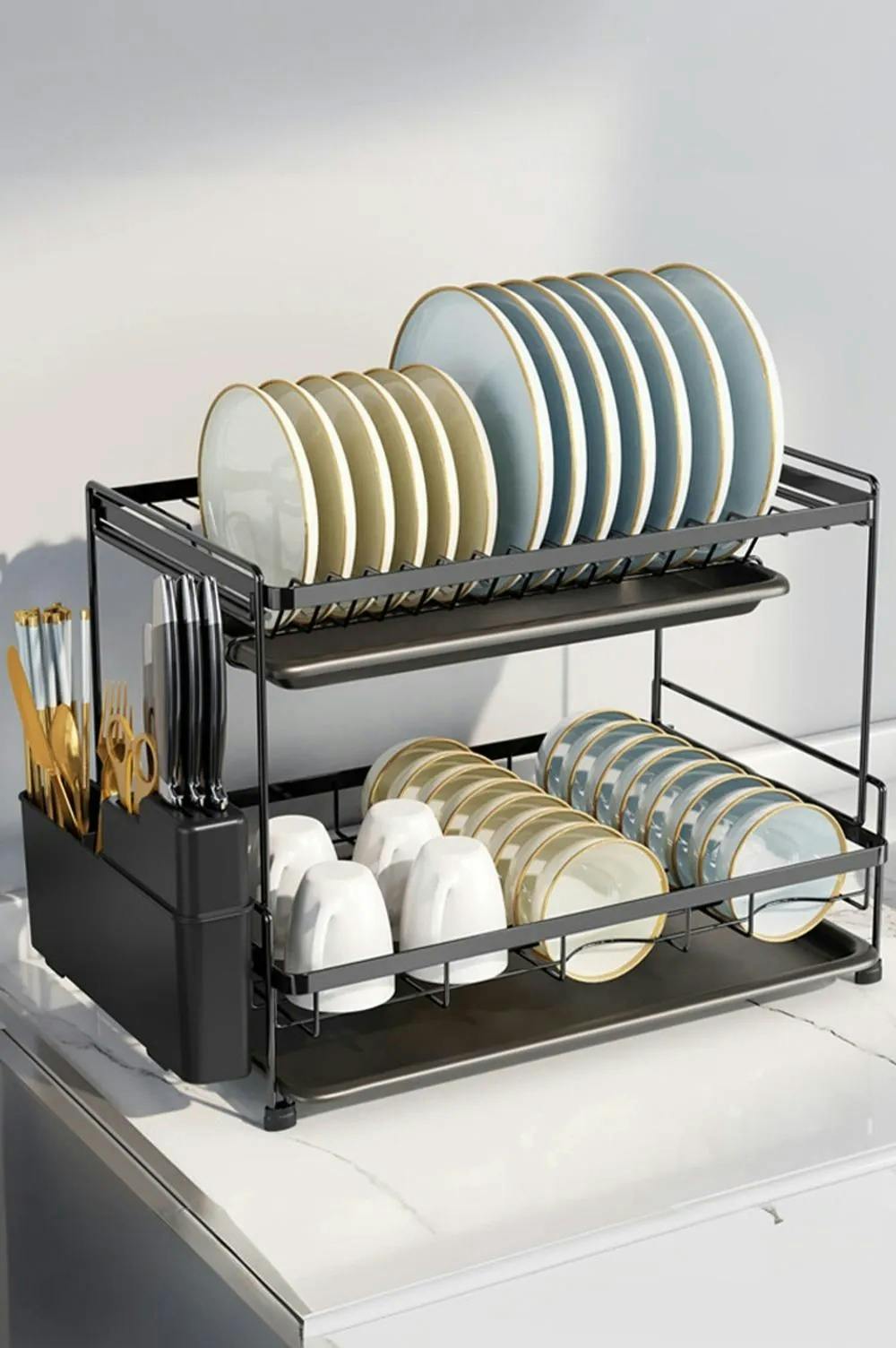 Rackhams Black 2-Tier Dish Drainer Rack Drying Rack With Detachable Drainboards & Kitchenware Holder - One Size