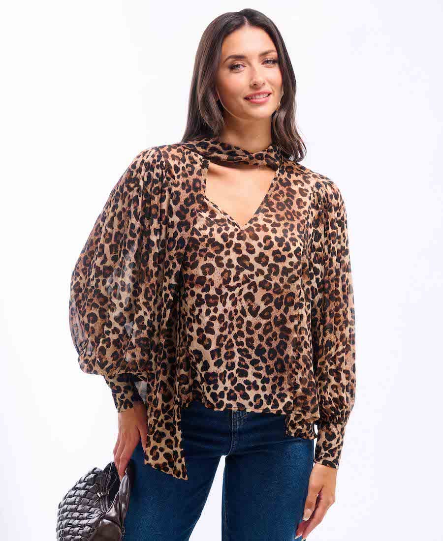 Needs No Label Leopard Printed Tie Neck Blouse - 18