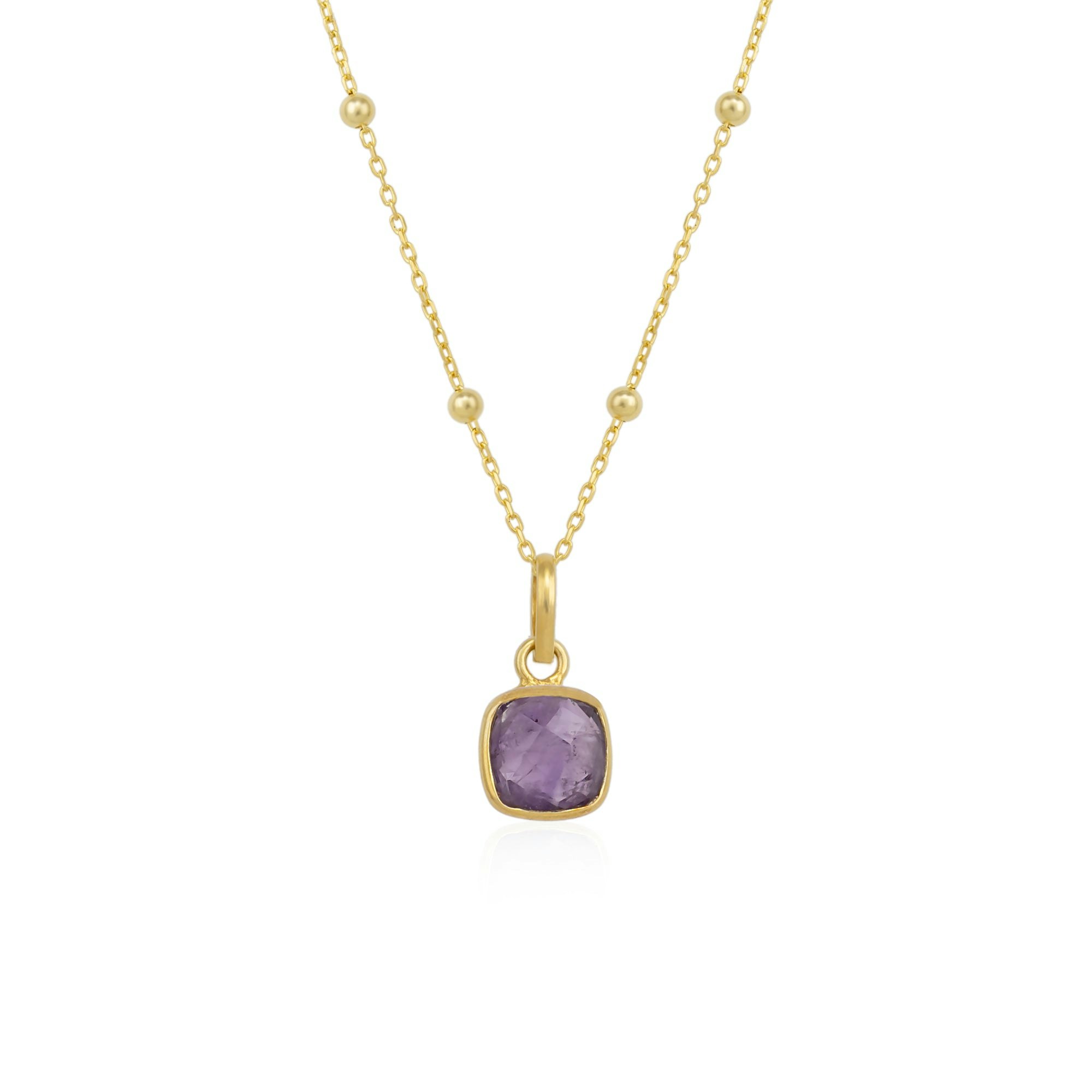 Spero London Silver/Purple Sterling Natural Square Pendant Necklace With Beaded Chain