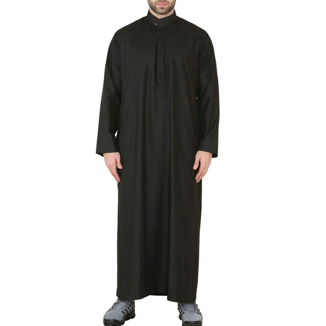 Thobez Men's Black Thobe Jubba Nehru Stand Collar Islamic Clothing Muslim Kaftan Eid Robe Saudi - Large - Slim