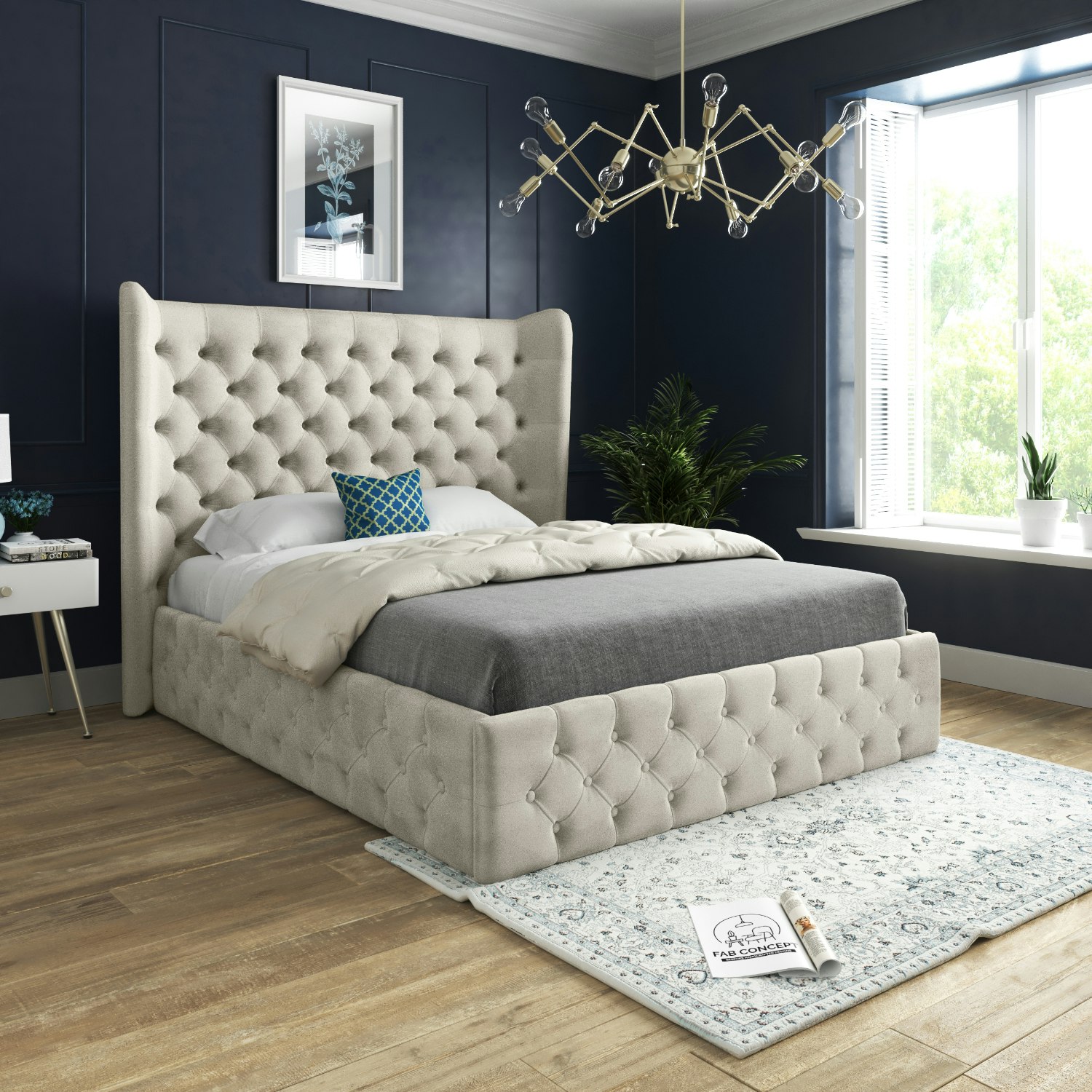 Casa Magna Blue/Silver Florence Wide Winged Upholstered Soft Velvet Bed Frame - Super King