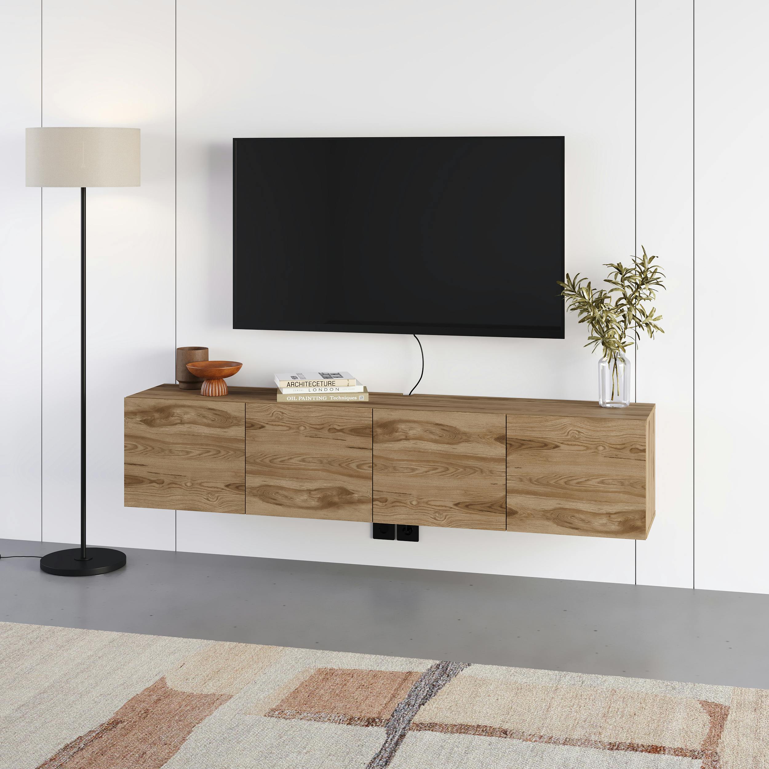 Decortie Black Daroca Floating Wall-Mounted Tv Unit Up To 65-Inch Tvs 180Cm(W) Soft-Close 4 Doors Tv Cabinet For Living Room - Whiskey Oak