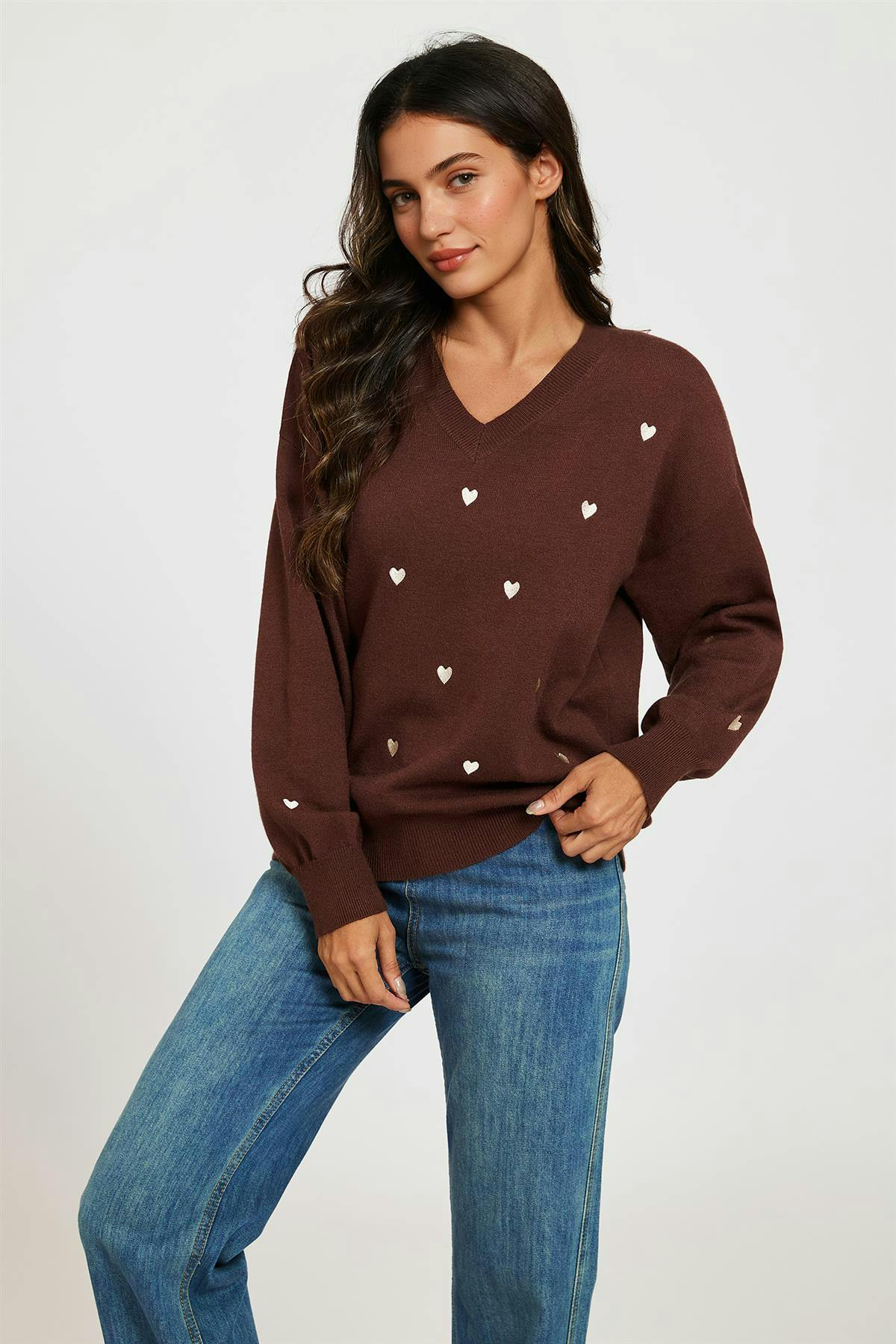 Fs Collection Cream/Brown Embroidery Heart V Neck Jumper In - Onesize