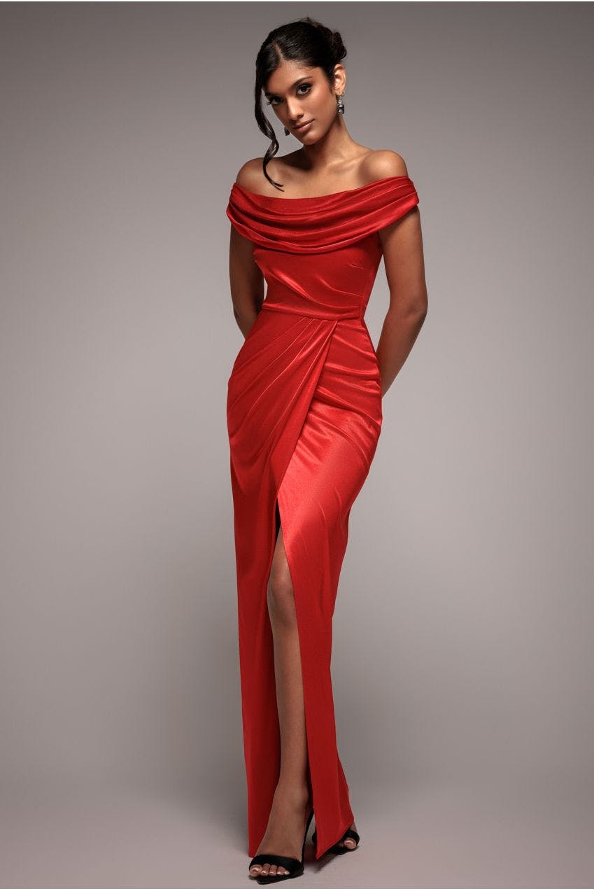 Goddiva Red Cowl Bardot Satin Twill Maxi Dress - By - 12