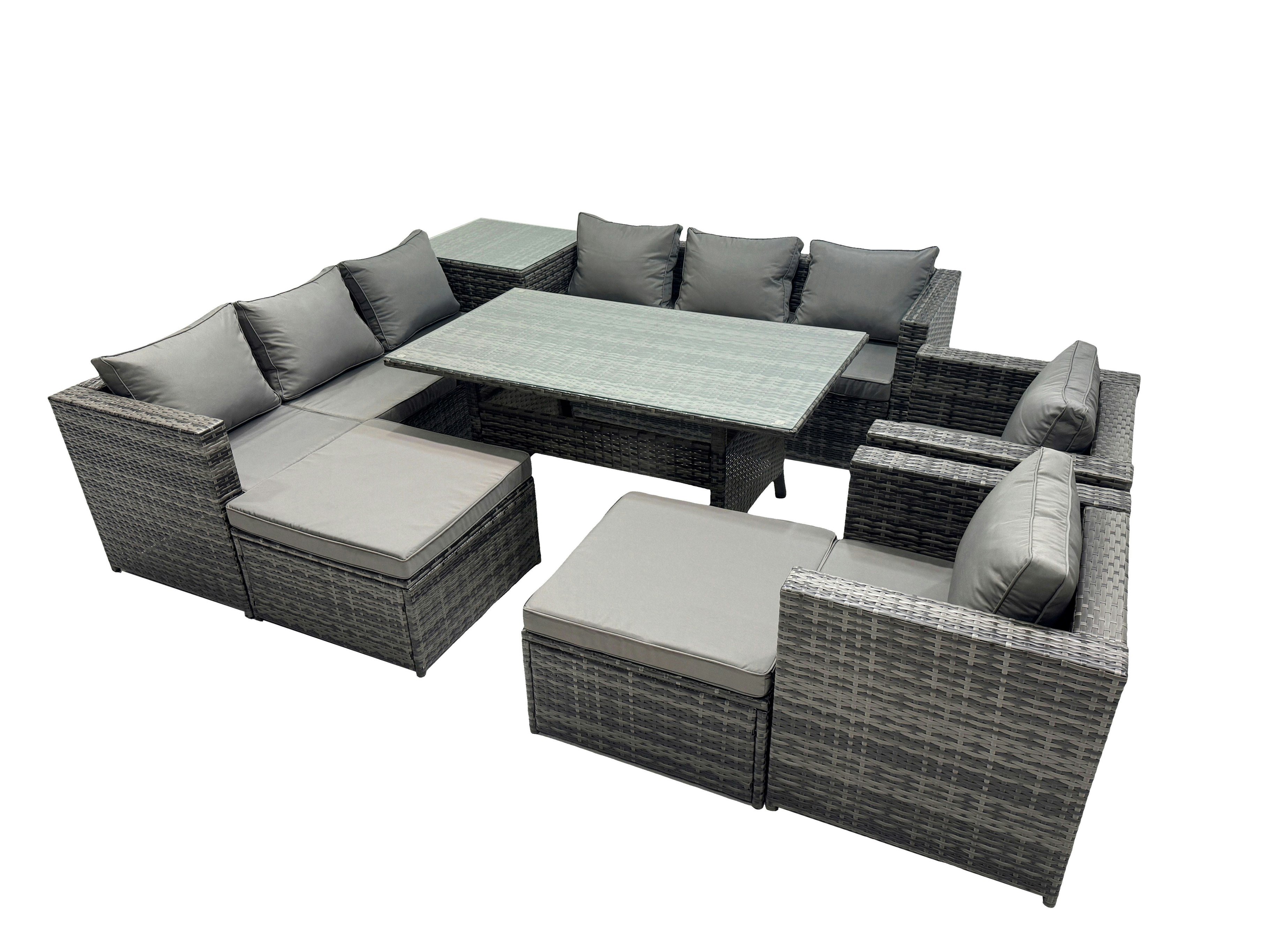 Rackhams Dark/Grey Outdoor Corner Sofa Chair Dining Table Set Garden Rattan Furniture Set 10 Seater With Side Table 2 Big Stools