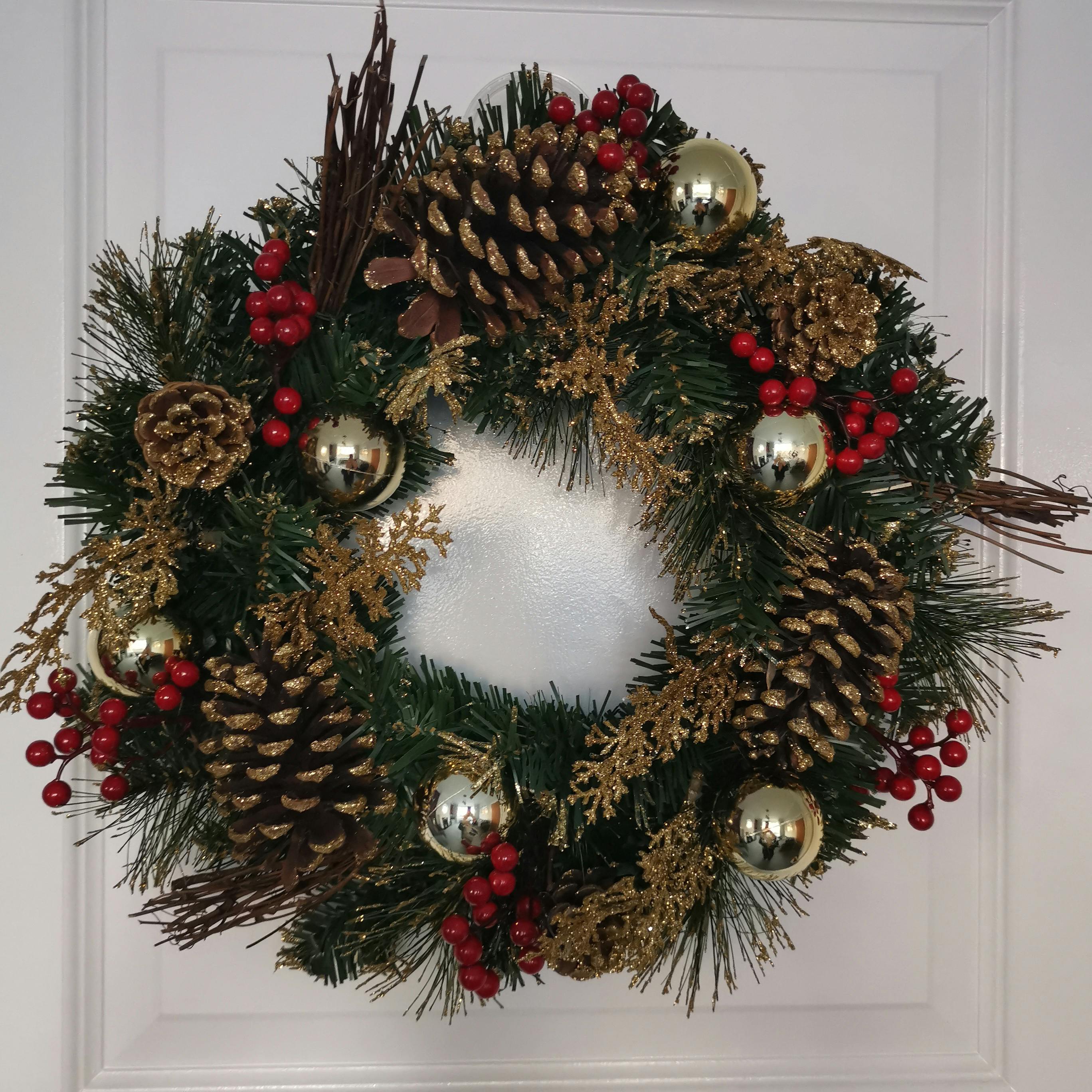 Rackhams Gold 40Cm Dressed Christmas Wreath, Baubles, Pinecones And Berries